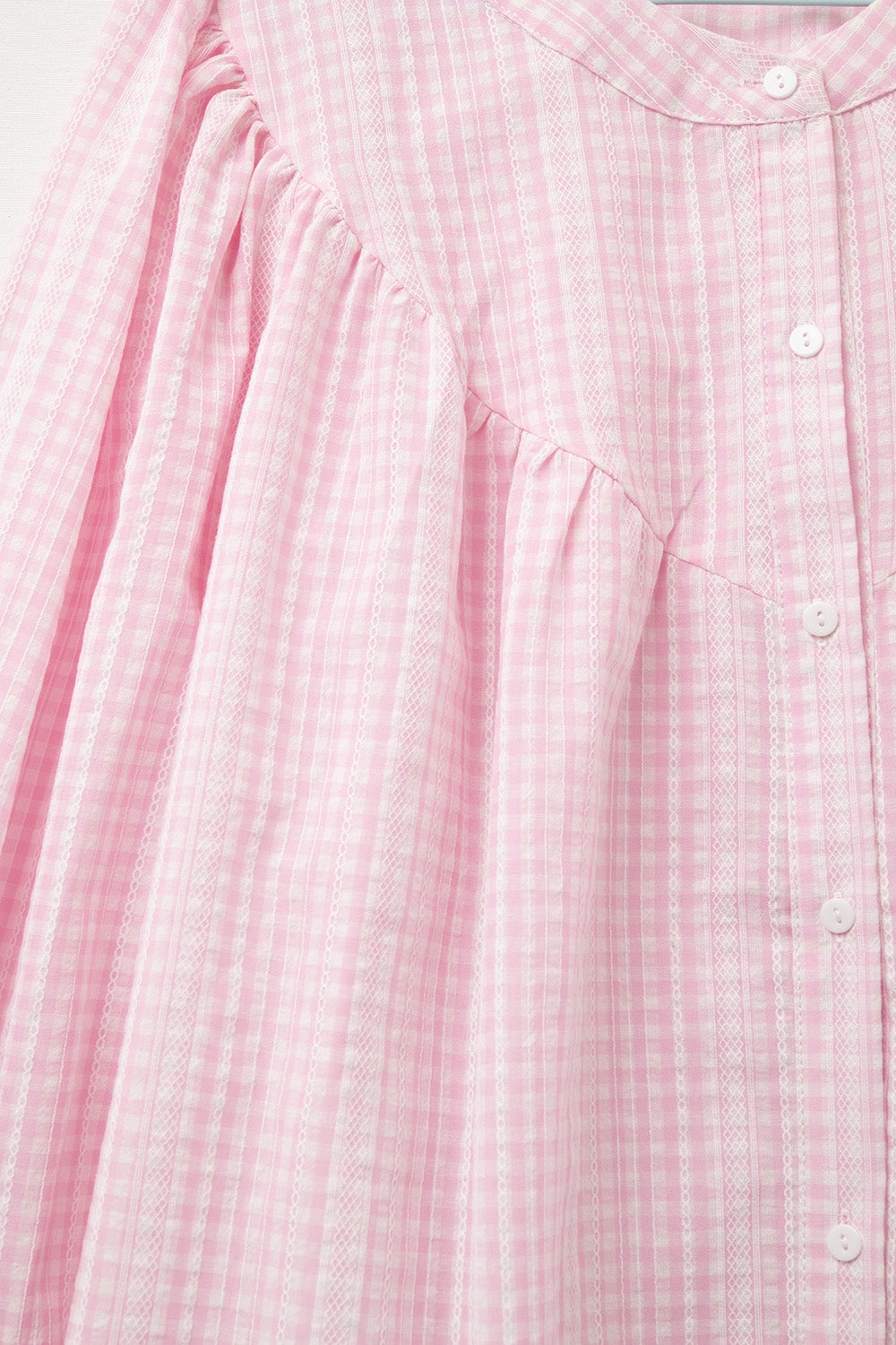 Chemisier sans col à manches larges vichy rose pâle