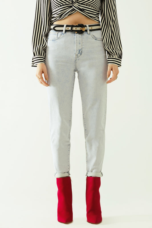 Q2 Cinq poches effet mom jeans wash avec ourlet plié