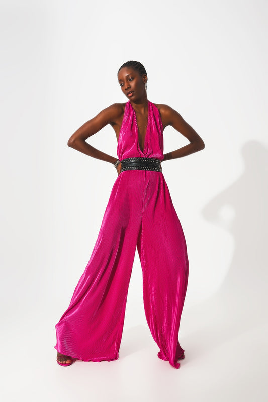 Q2 Combinaison longue dos-nu plissée en satin fuchsia