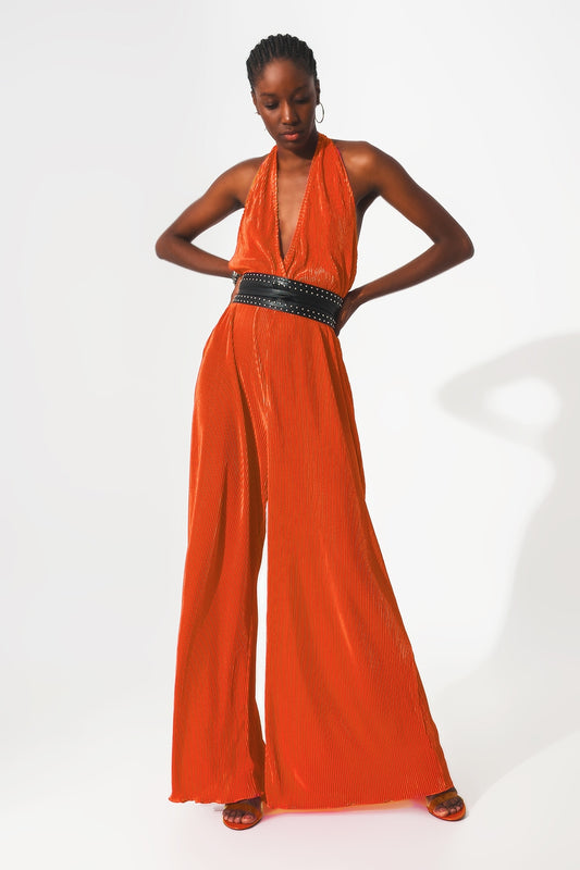 Q2 Combinaison longue dos-nu plissée en satin orange