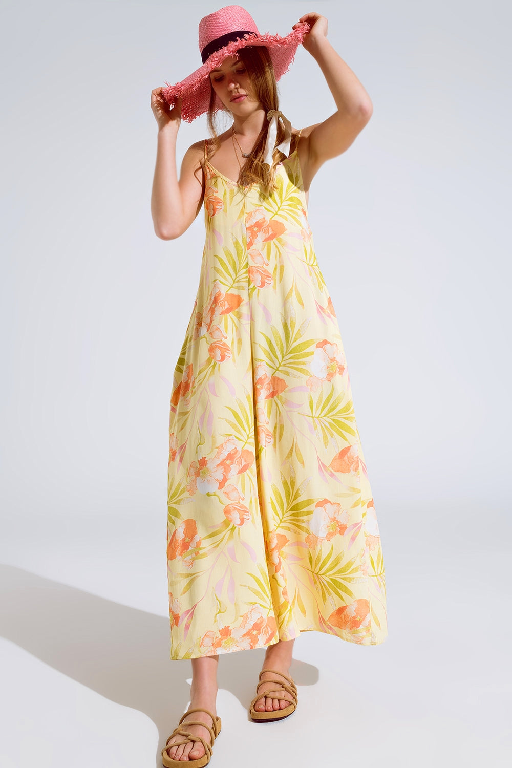combinaison maxi jaune à imprimé tropical