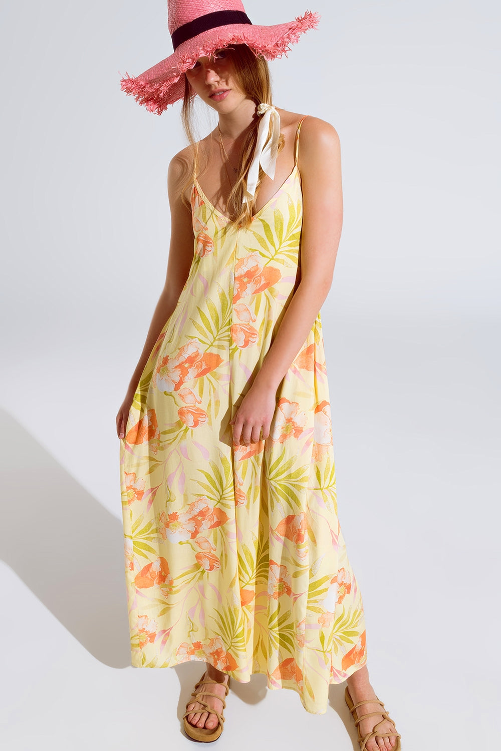 combinaison maxi jaune à imprimé tropical