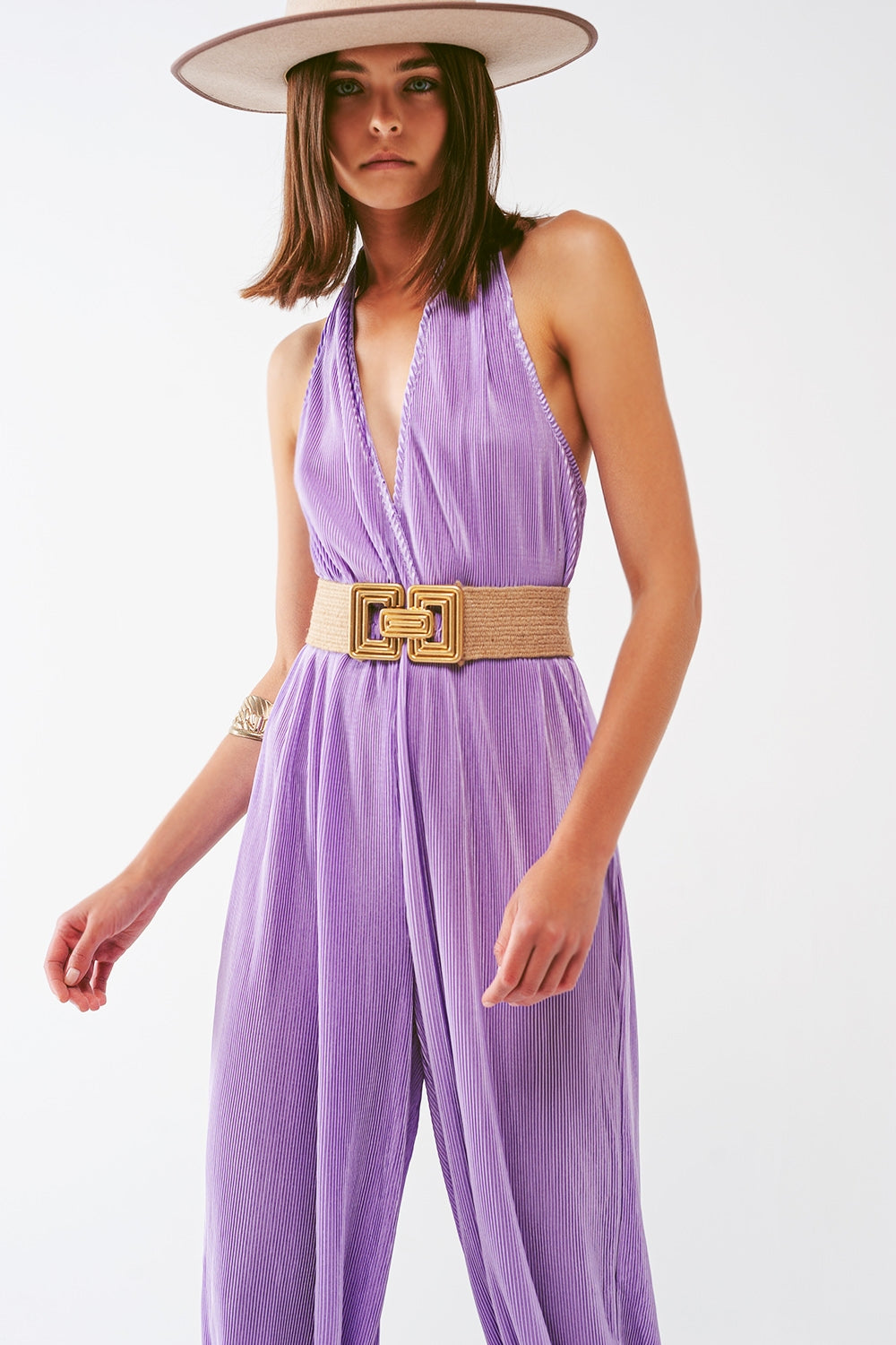 Combinaison maxi plissée en satin à encolure halter en lila