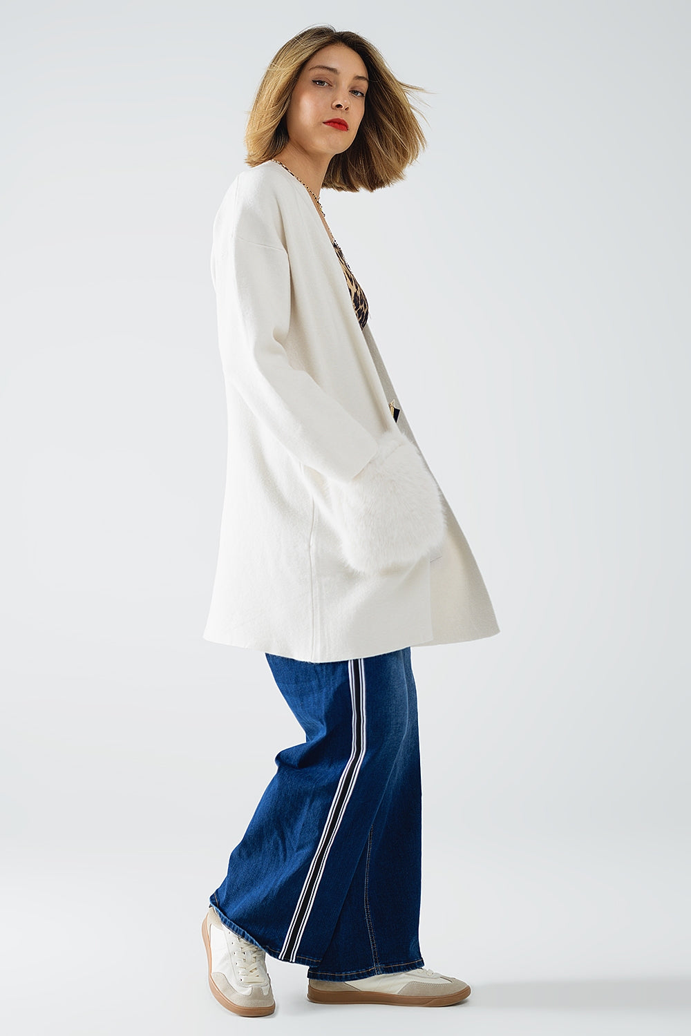 crème Cardigan maxi en tricot de haute qualité avec poches en fourrure