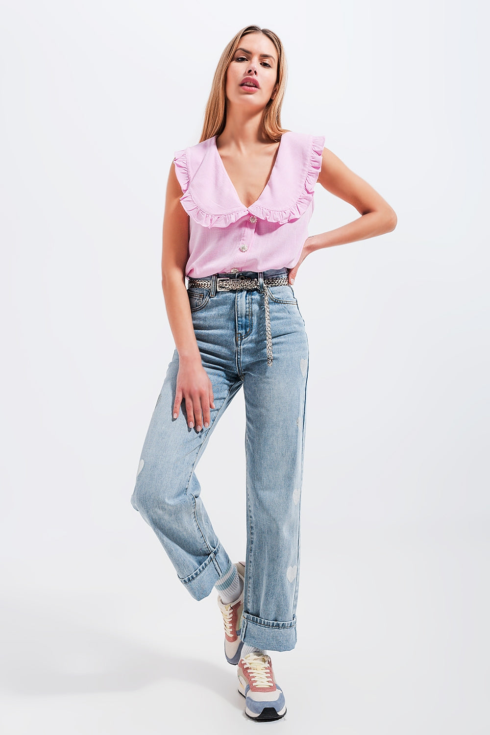 Crop top à col plastron rose