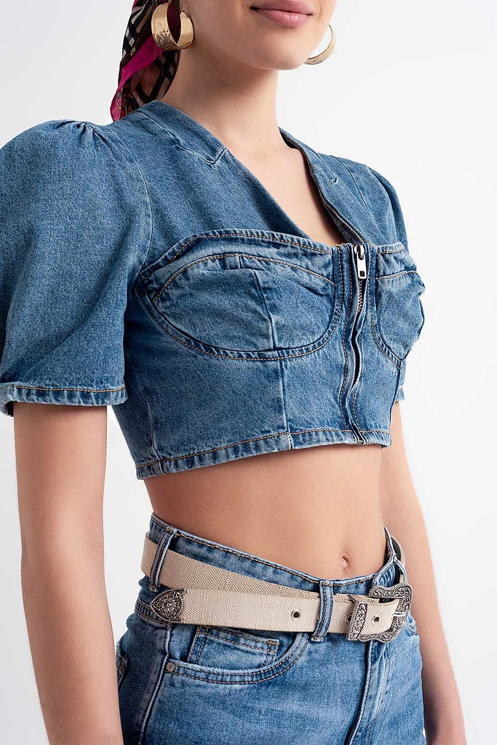 Crop top en denim à manches bouffantes avec détail style corset Bleu