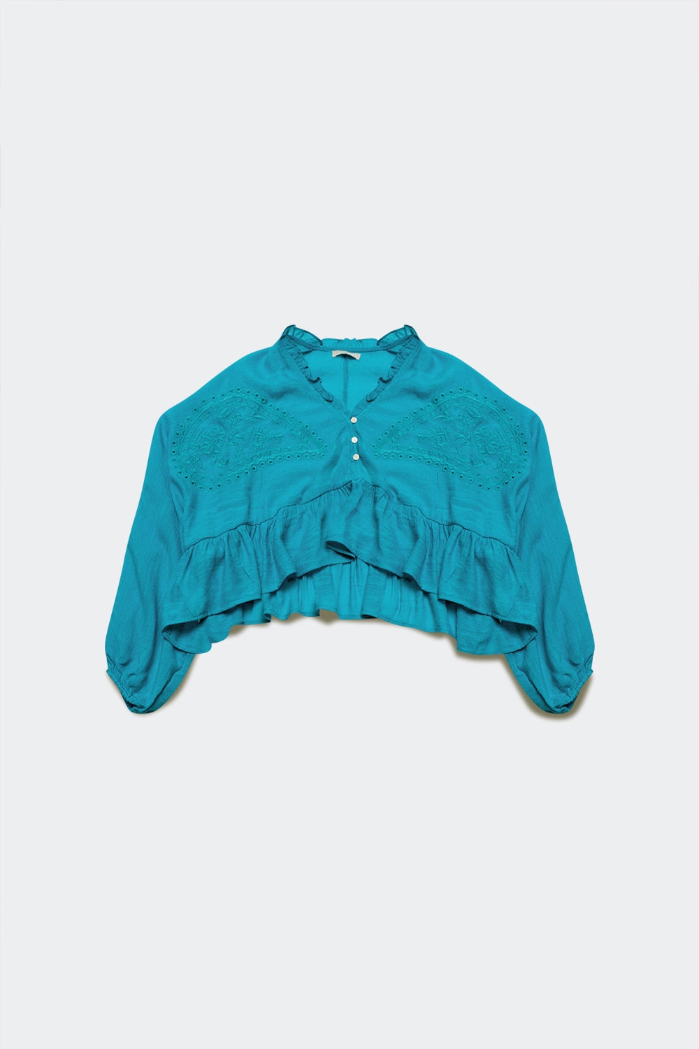 Crop top froncé à broderies bleu
