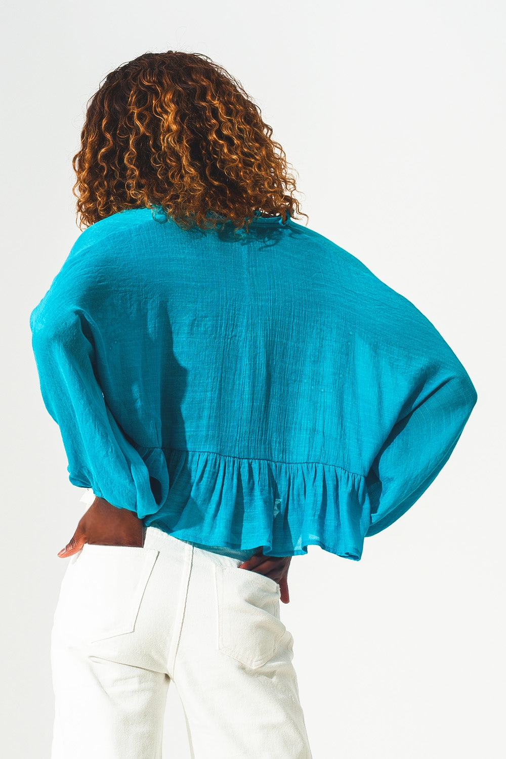 Crop top froncé à broderies bleu