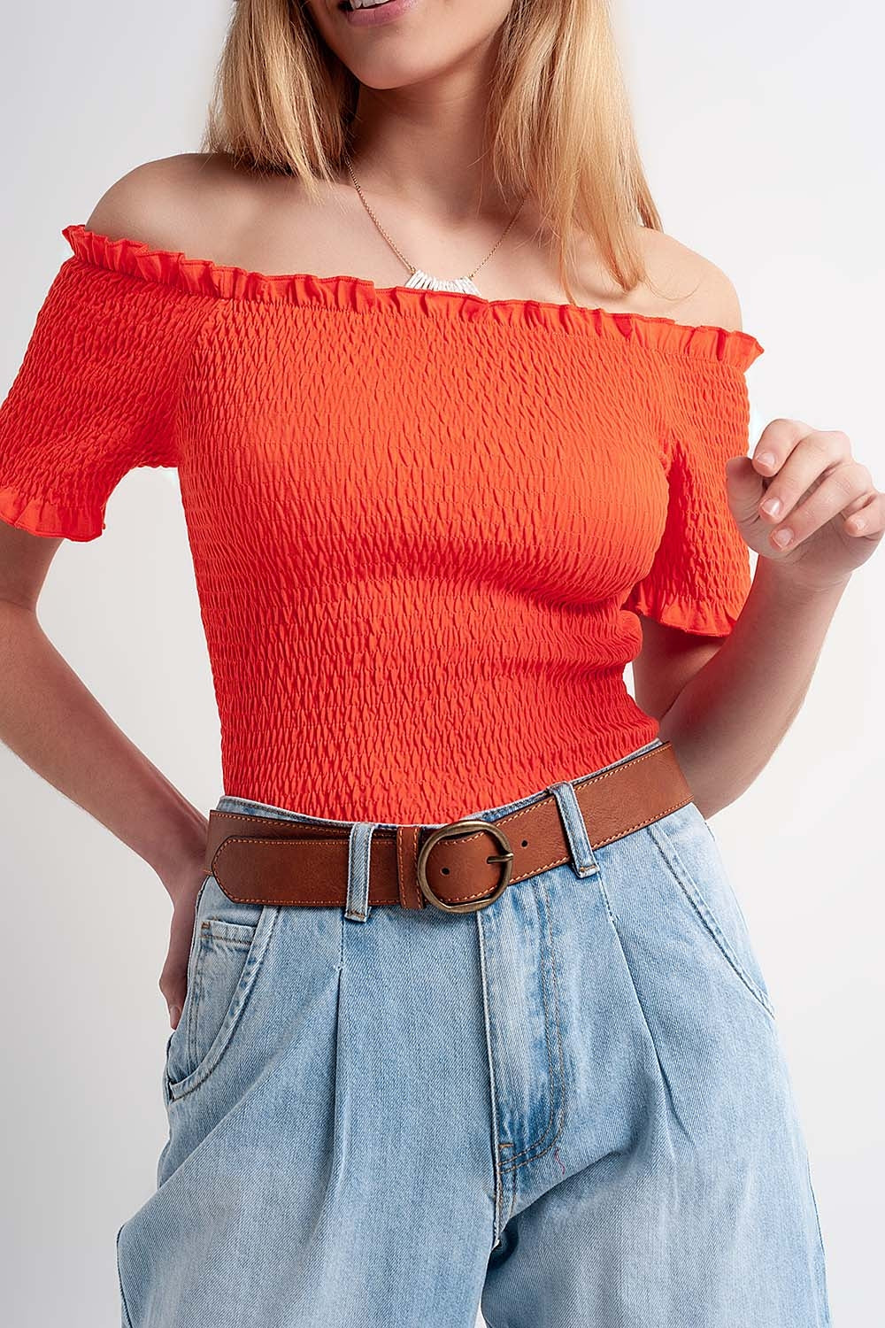 Crop top froncé style bardot orange