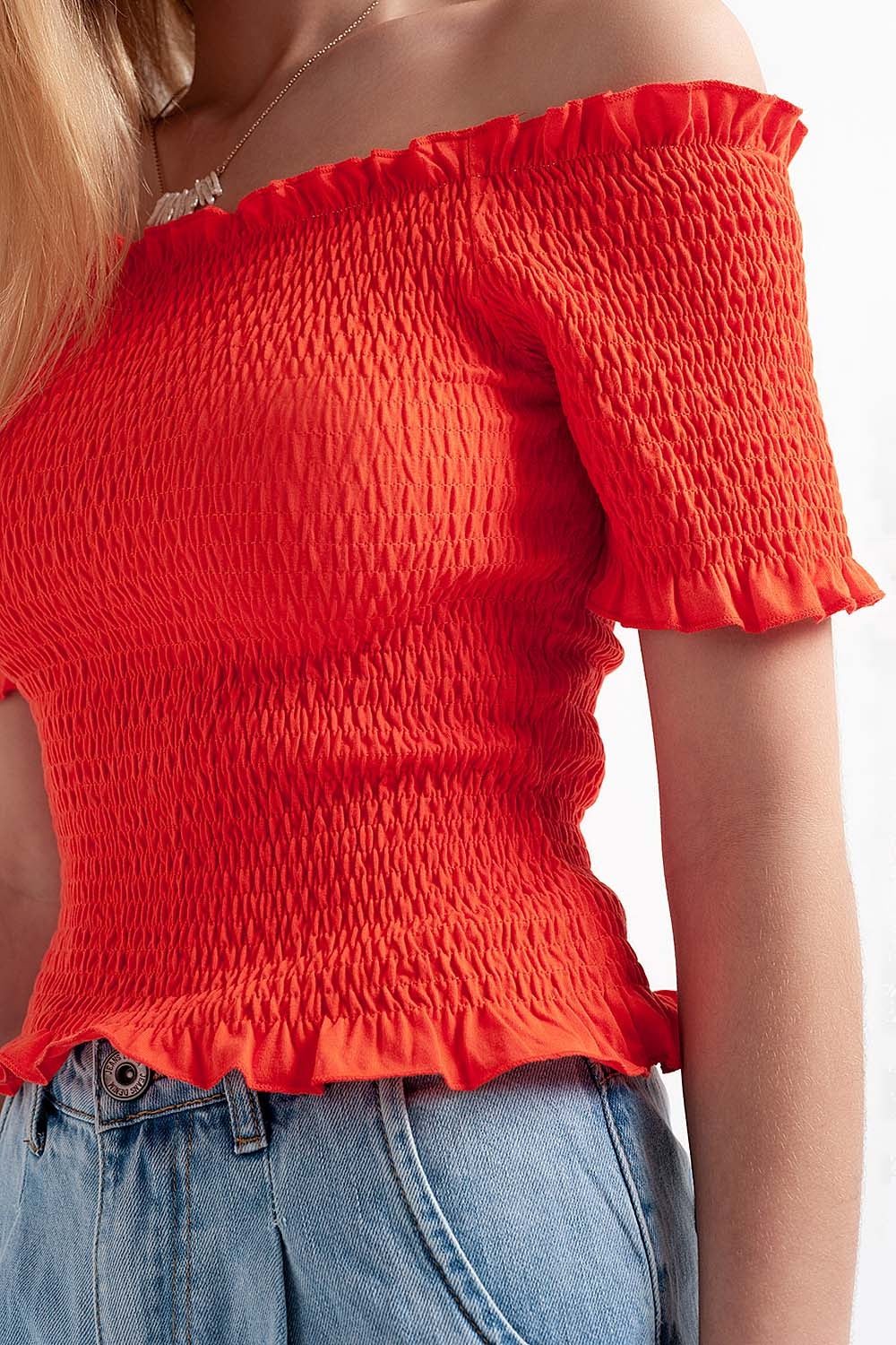 Crop top froncé style bardot orange