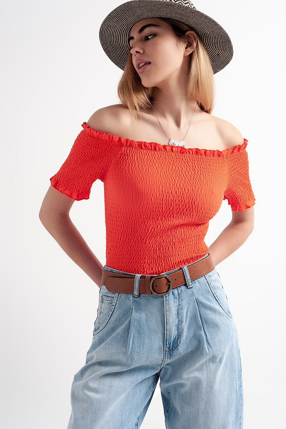Crop top froncé style bardot orange