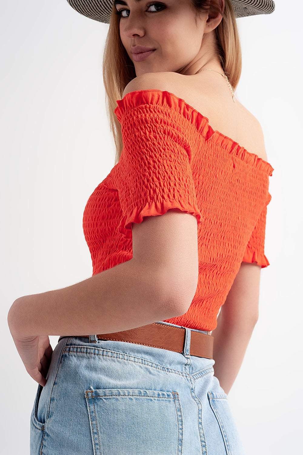 Crop top froncé style bardot orange