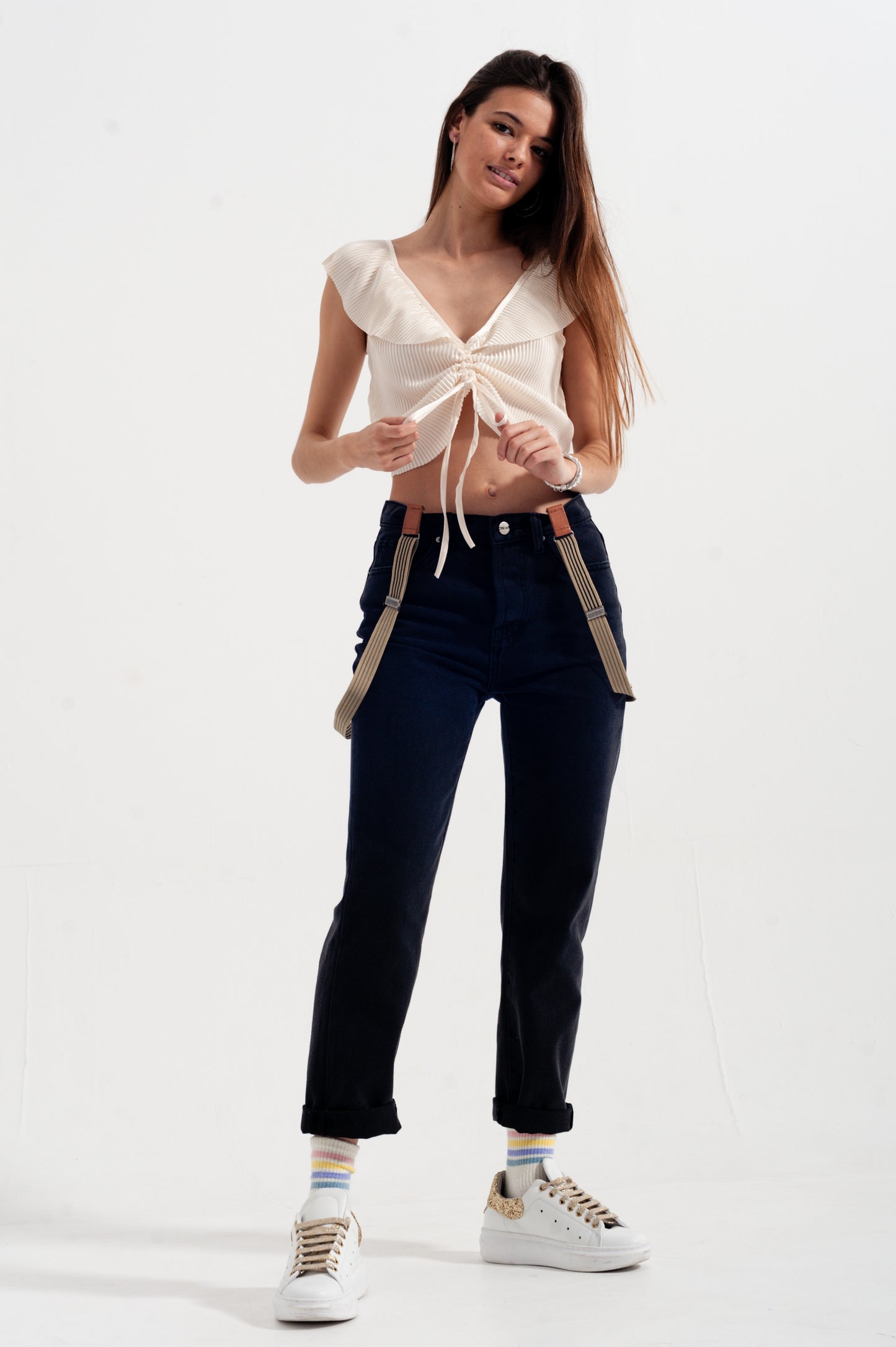 Crop top noué à l'avant à manches bouffantes froncées crème