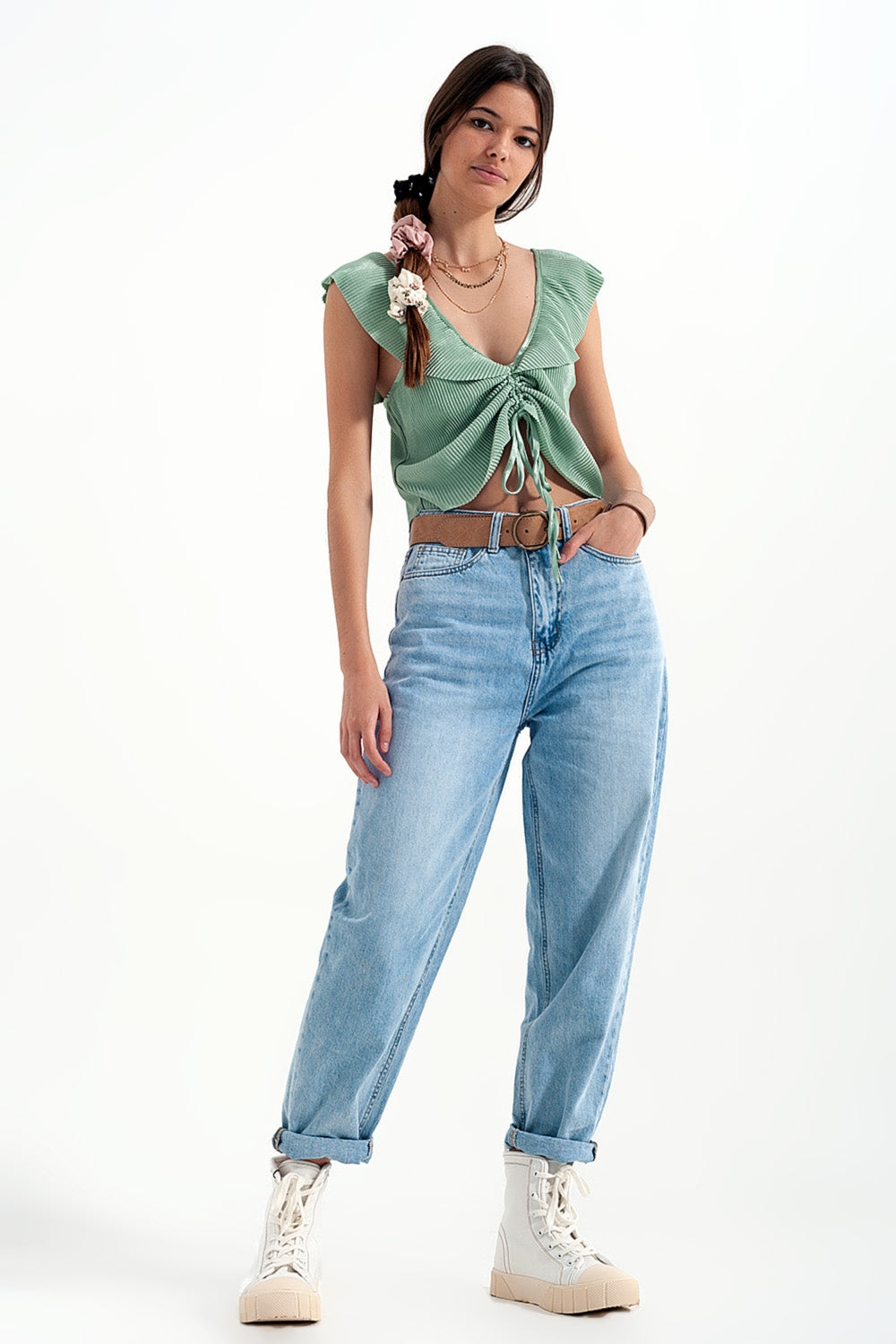 Crop top noué à l'avant à manches bouffantes froncées vert