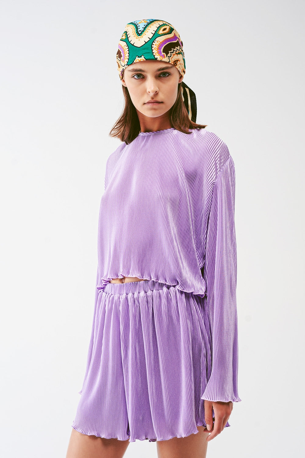 Crop Top plissé à col rond en lila