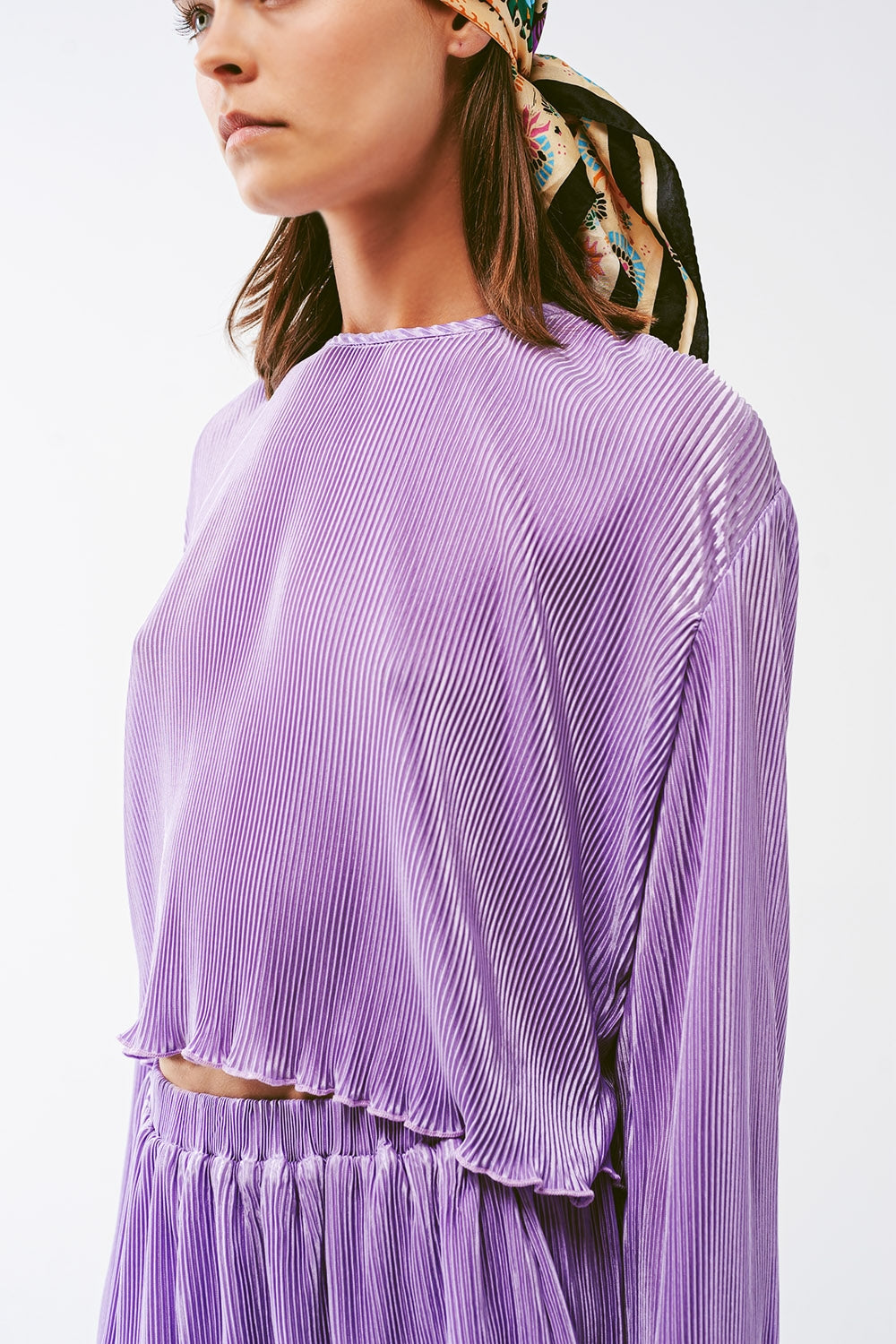 Crop Top plissé à col rond en lila