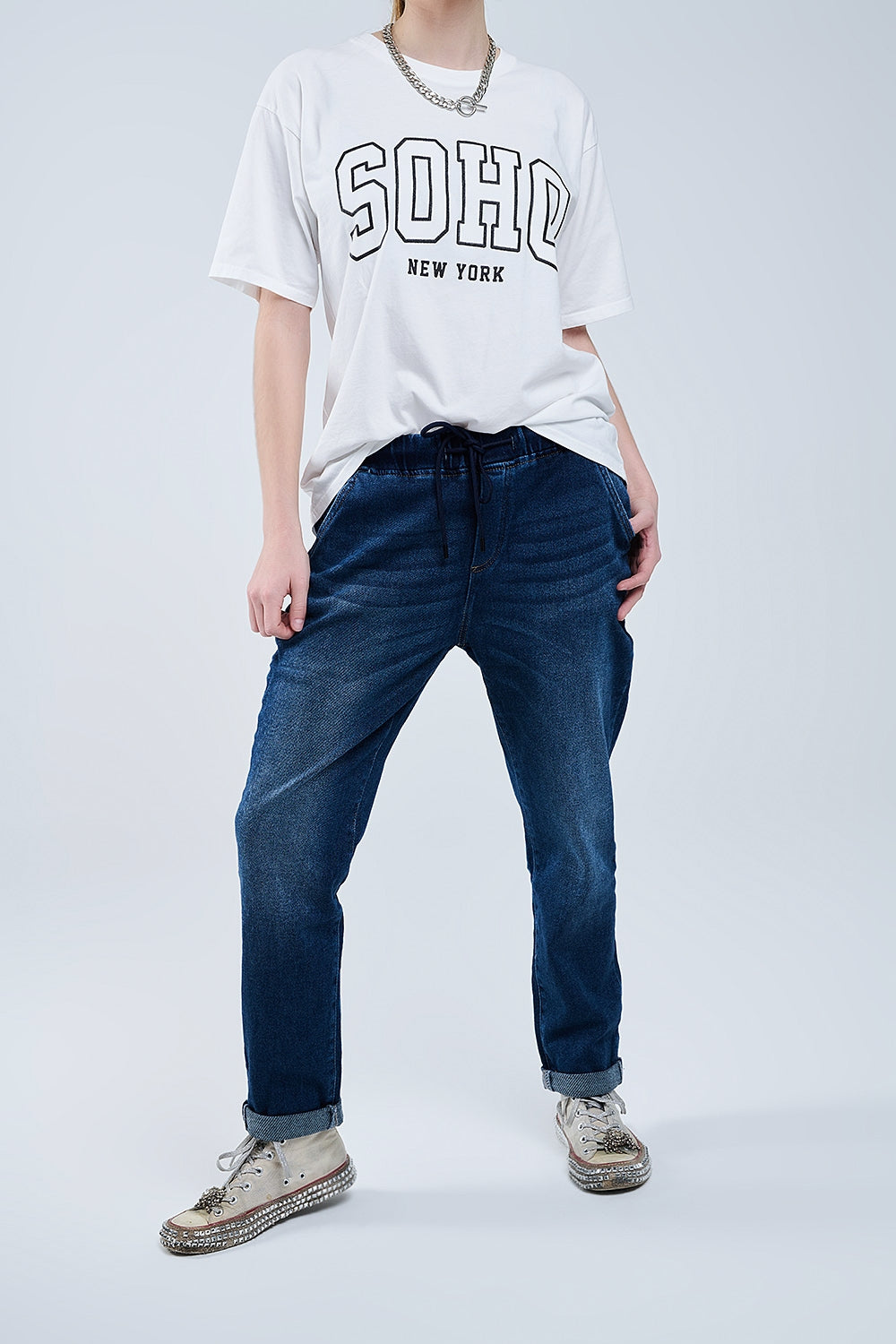 Q2 dark wash Jeans Avec Drwastring et taille élastiquée