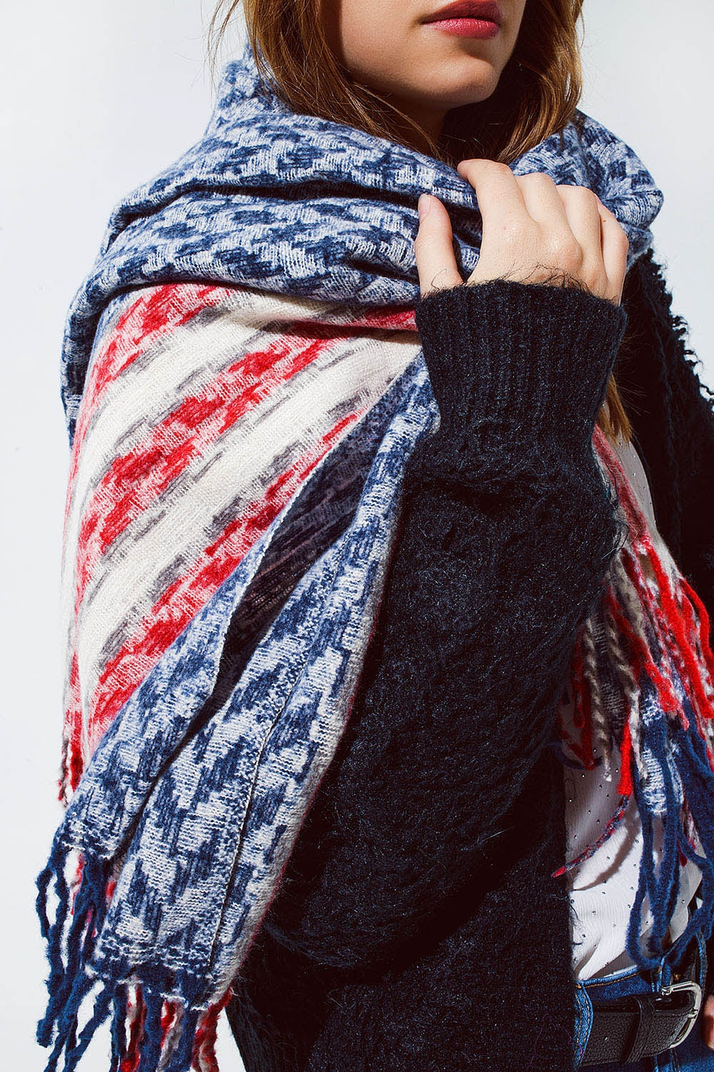 Écharpe américaine style Houndstooth en blanc rouge et bleu