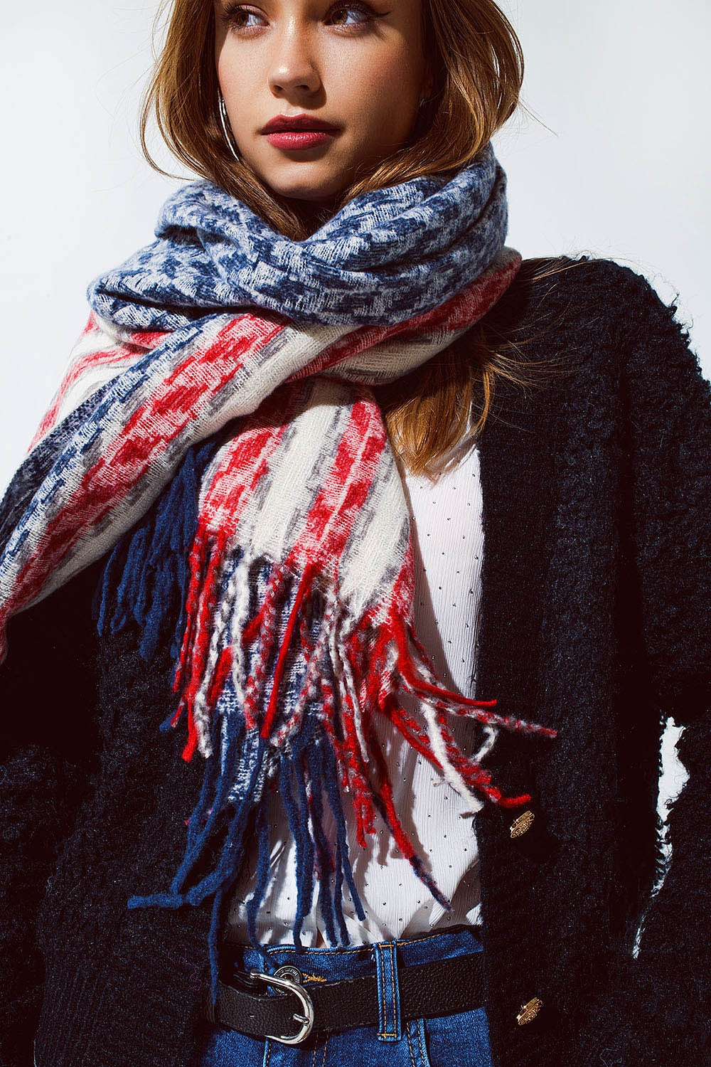 Écharpe américaine style Houndstooth en blanc rouge et bleu