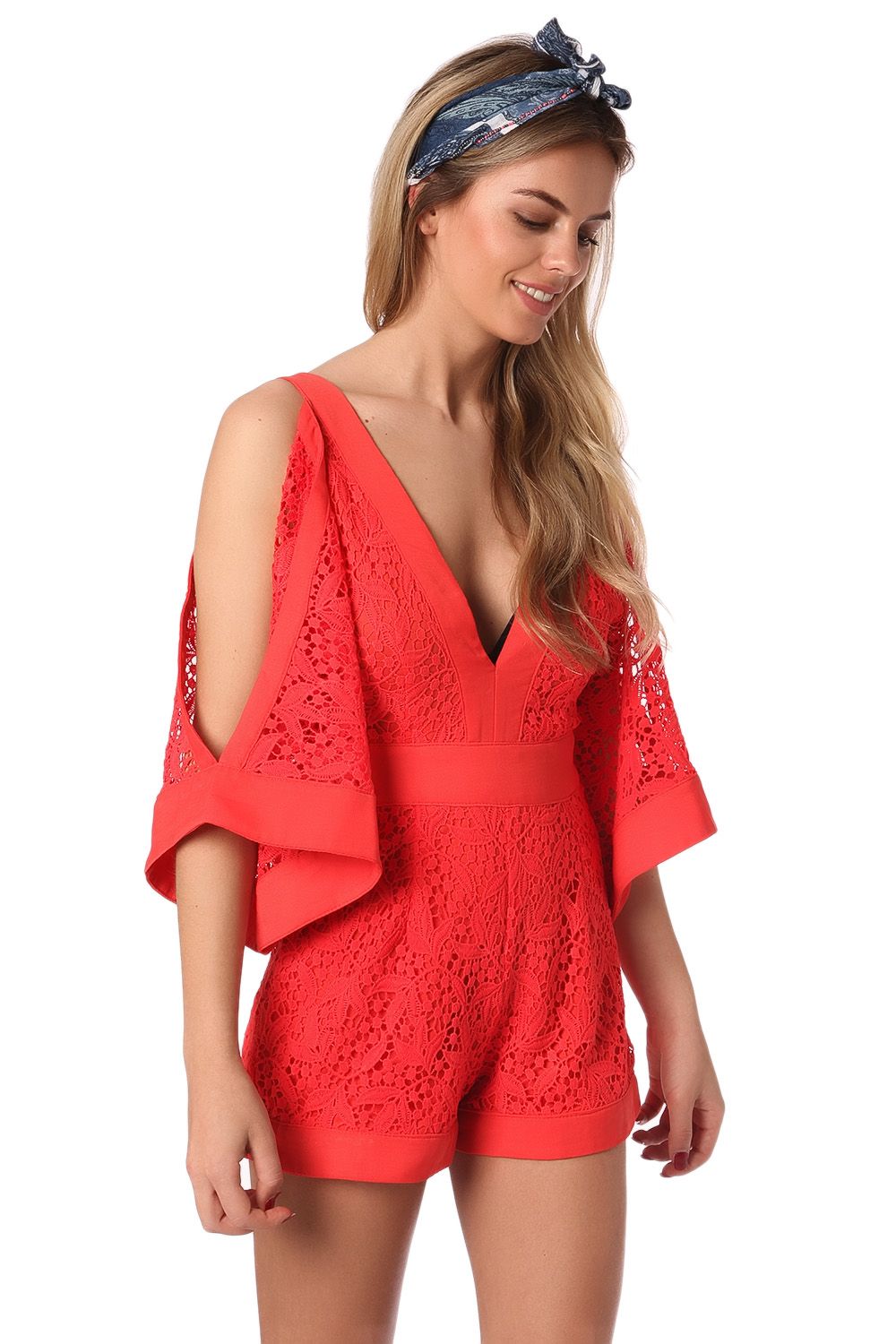 Q2 Eyelash - Combishort en dentelle à épaules dénudées - Orange