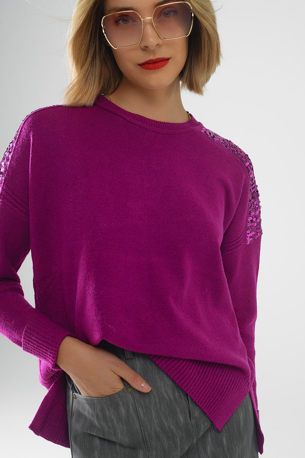 fuchsia Pull à manches longues avec paillettes sur les épaules