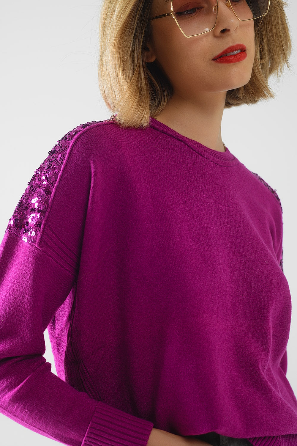 fuchsia Pull à manches longues avec paillettes sur les épaules