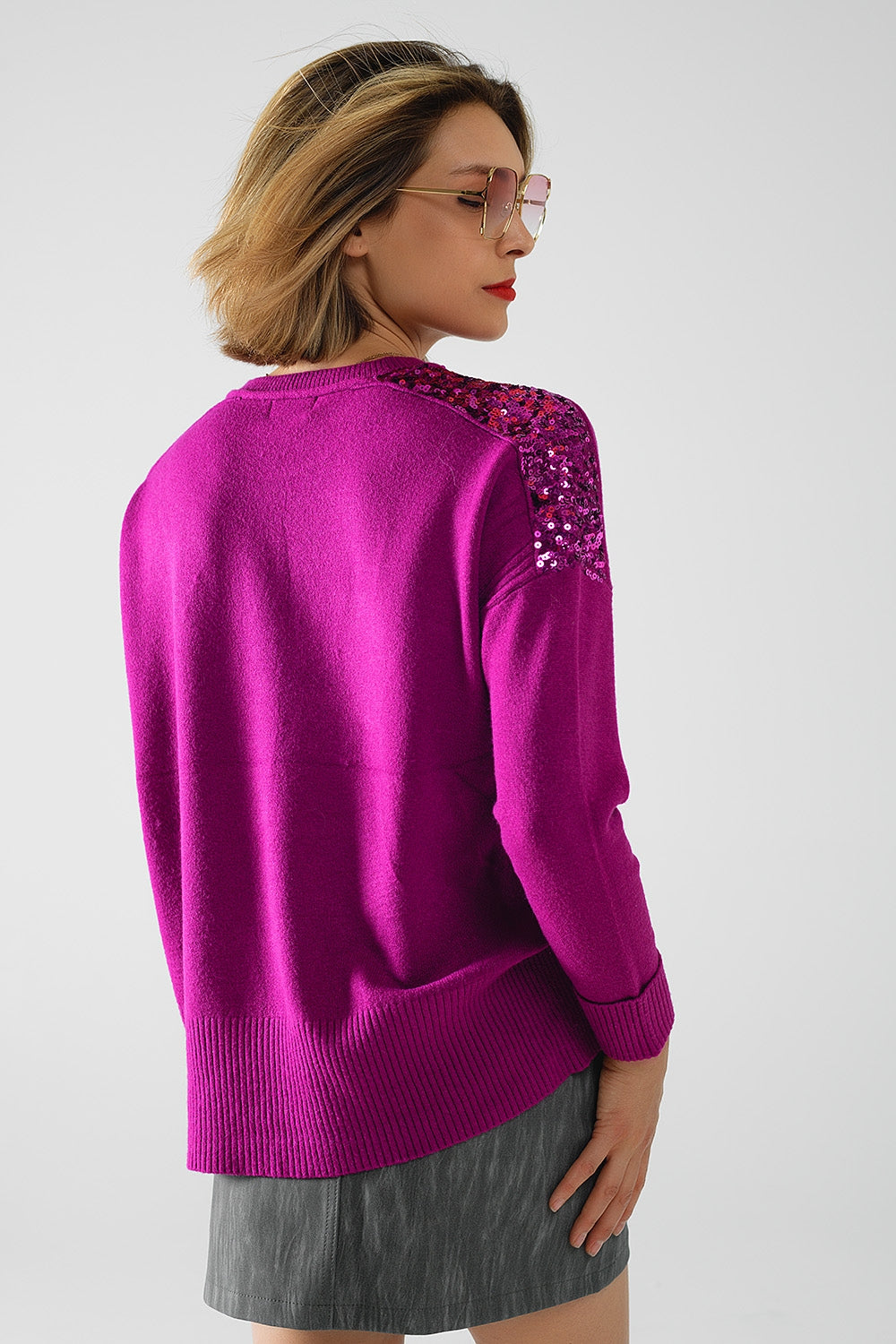 fuchsia Pull à manches longues avec paillettes sur les épaules