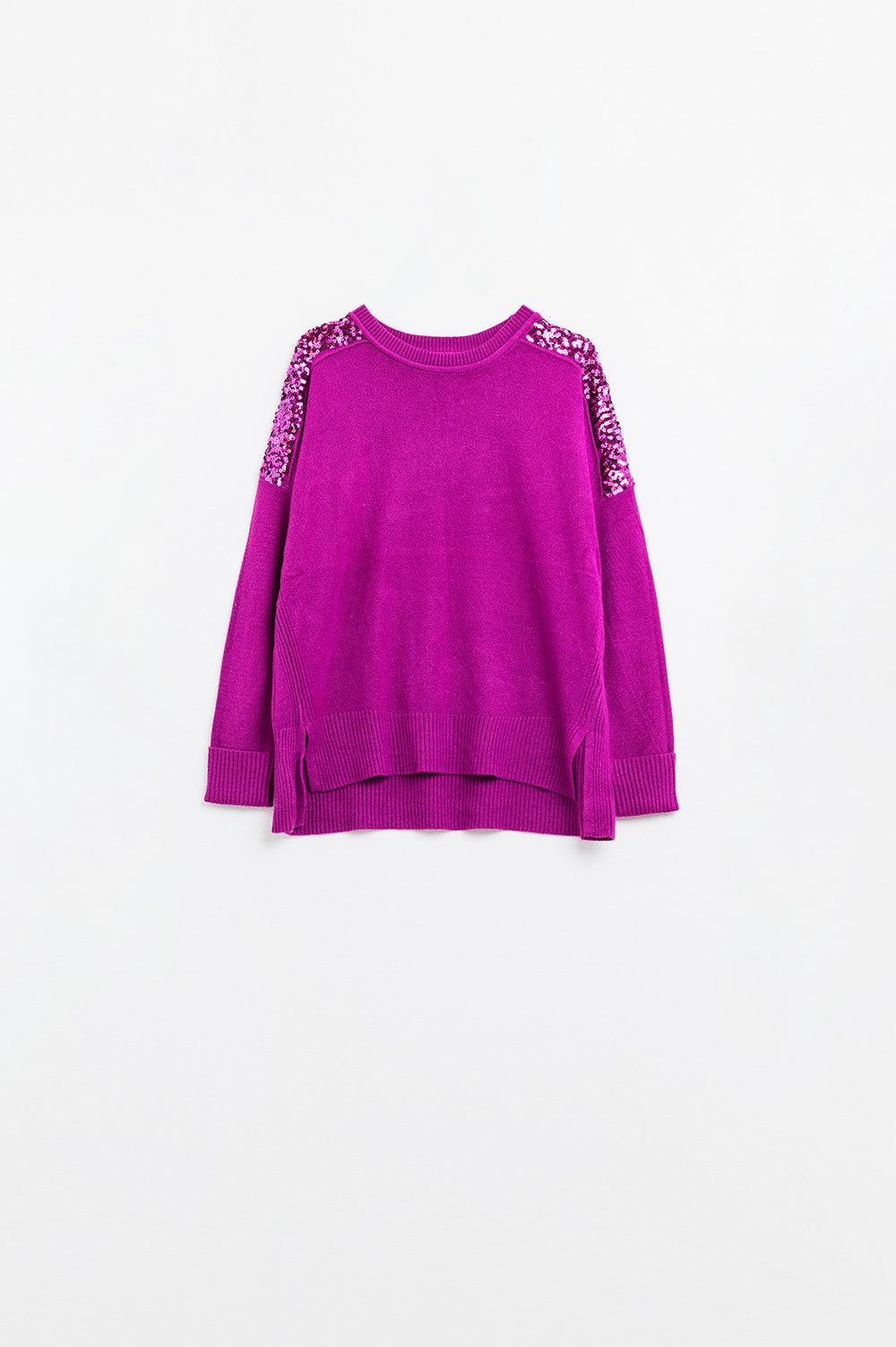 fuchsia Pull à manches longues avec paillettes sur les épaules