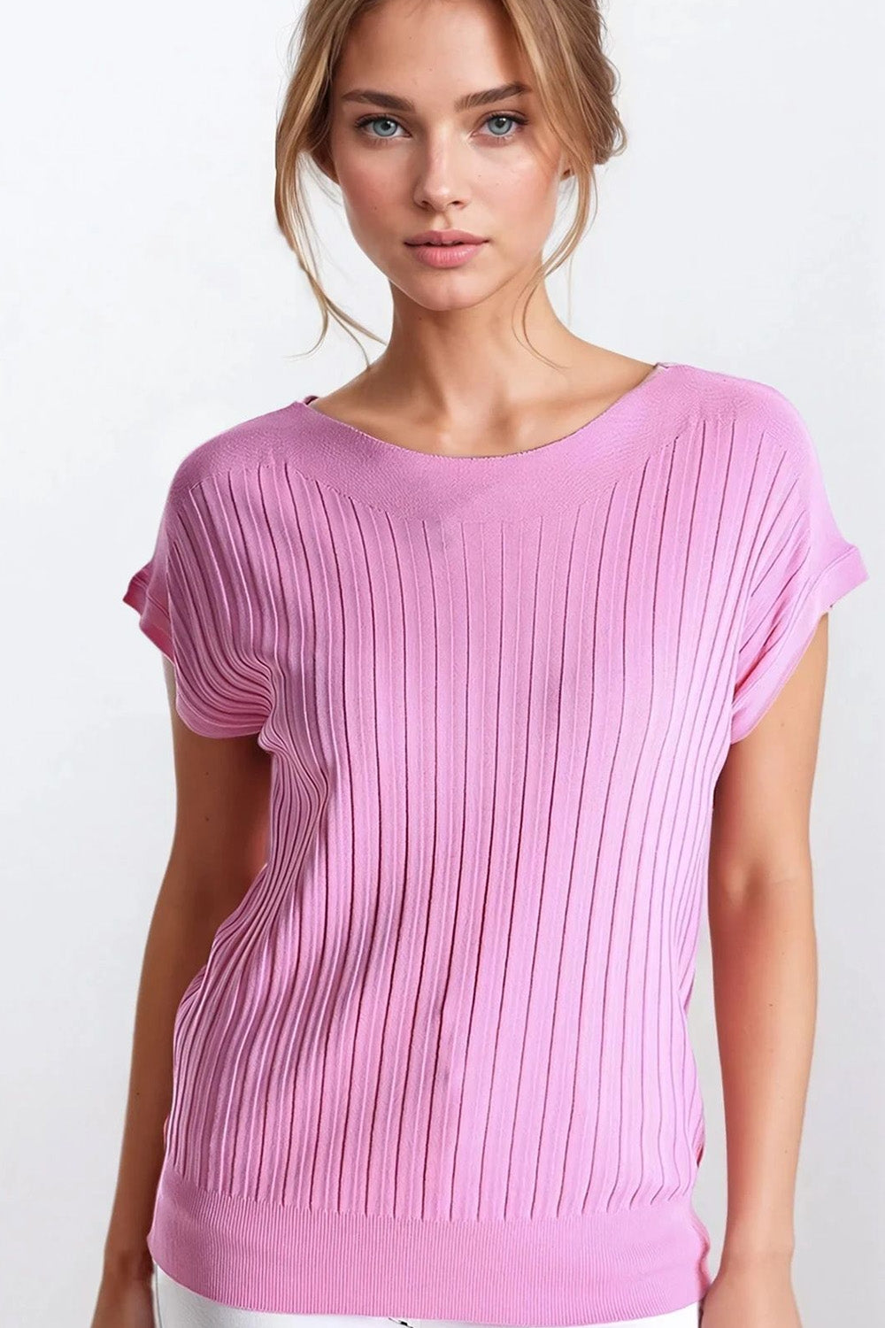 Q2 Fucshia fine Pull tricoté en côtes avec col bateau