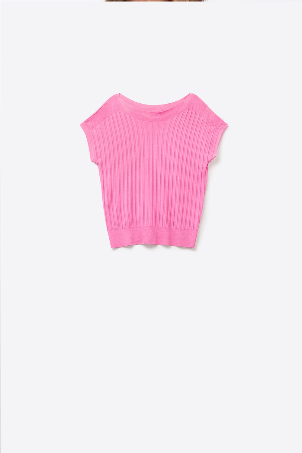 Fucshia fine Pull tricoté en côtes avec col bateau