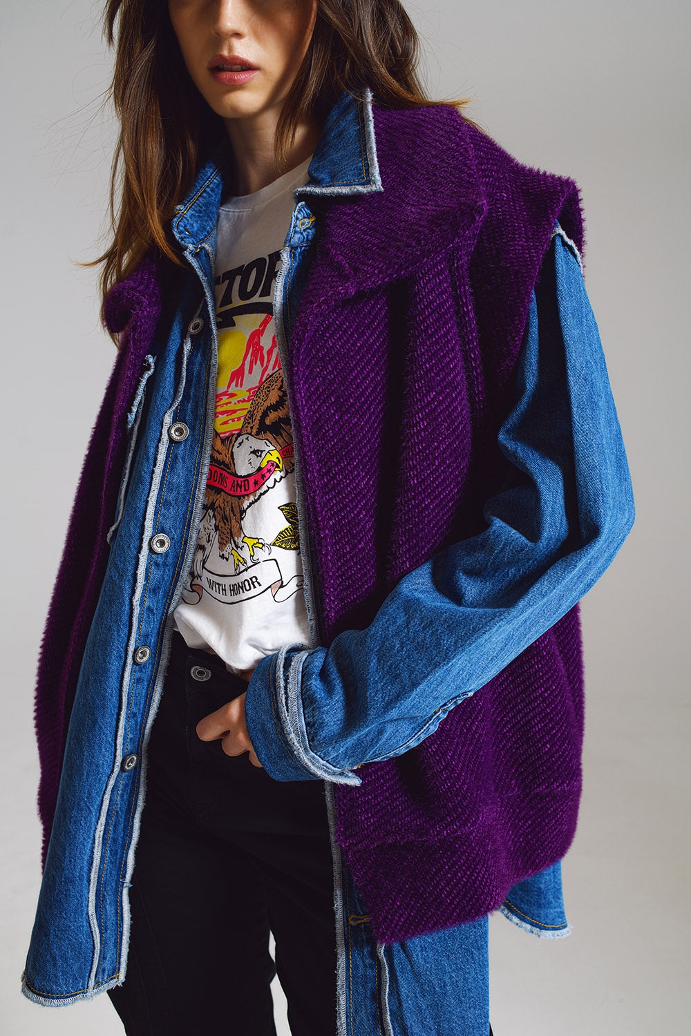 Gilet à chevrons ouvert avec col châle en violet
