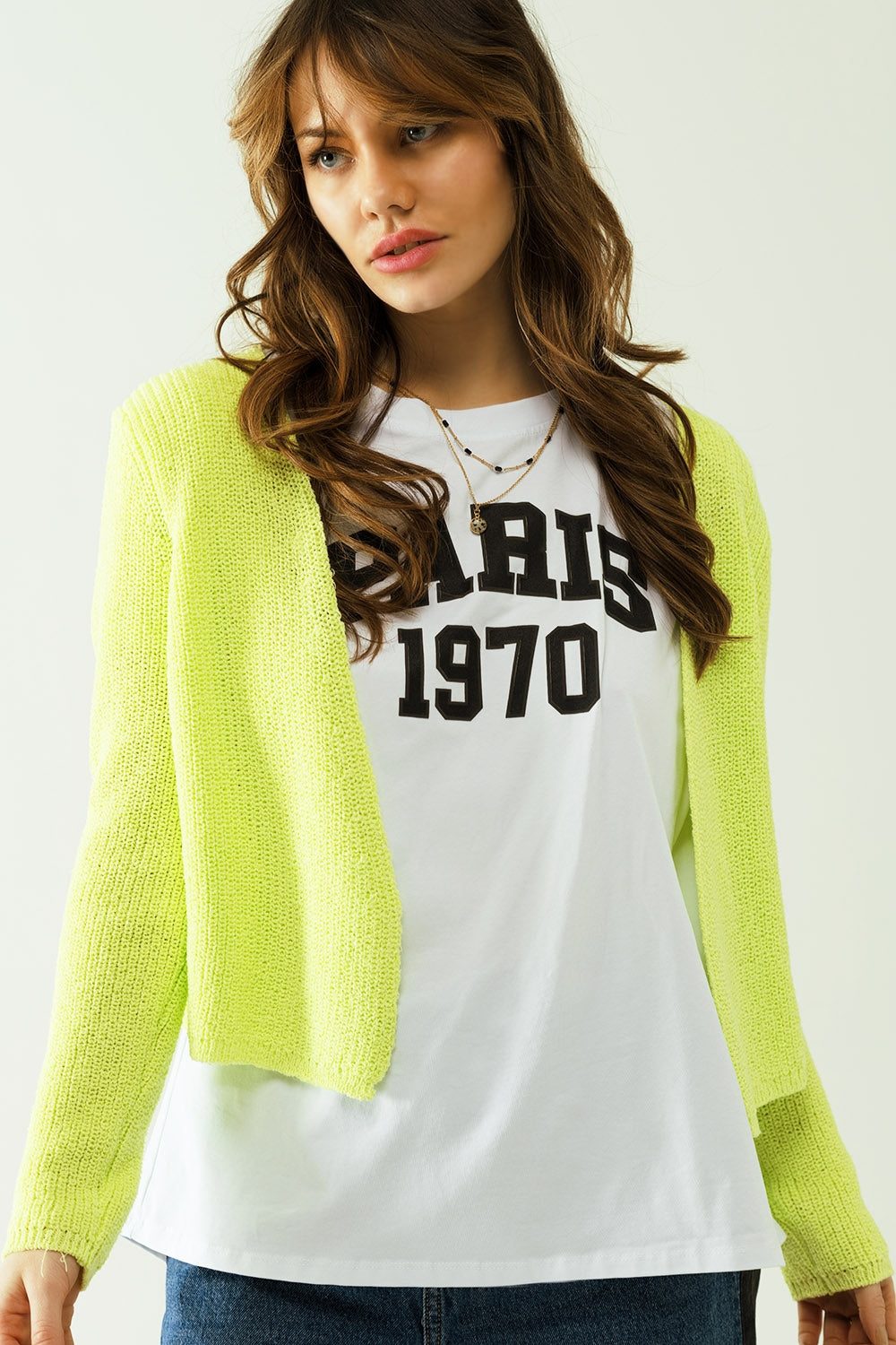 Q2 Gilet court en tricot jaune à manches longues