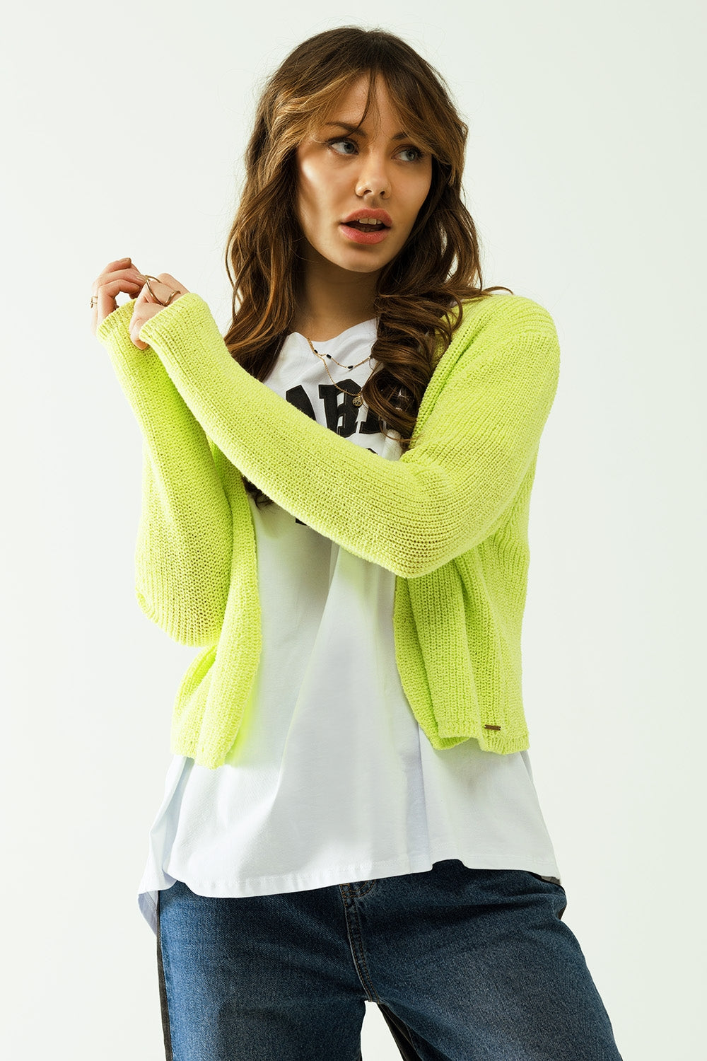 Gilet court en tricot jaune à manches longues