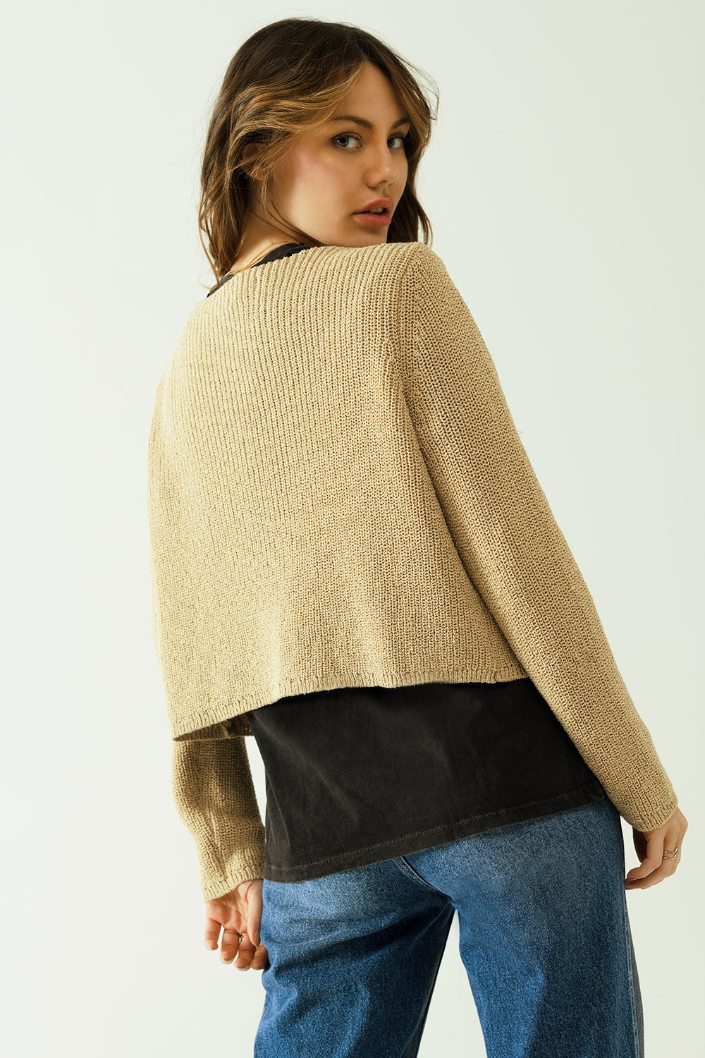 Gilet court ouvert en tricot beige à manches longues