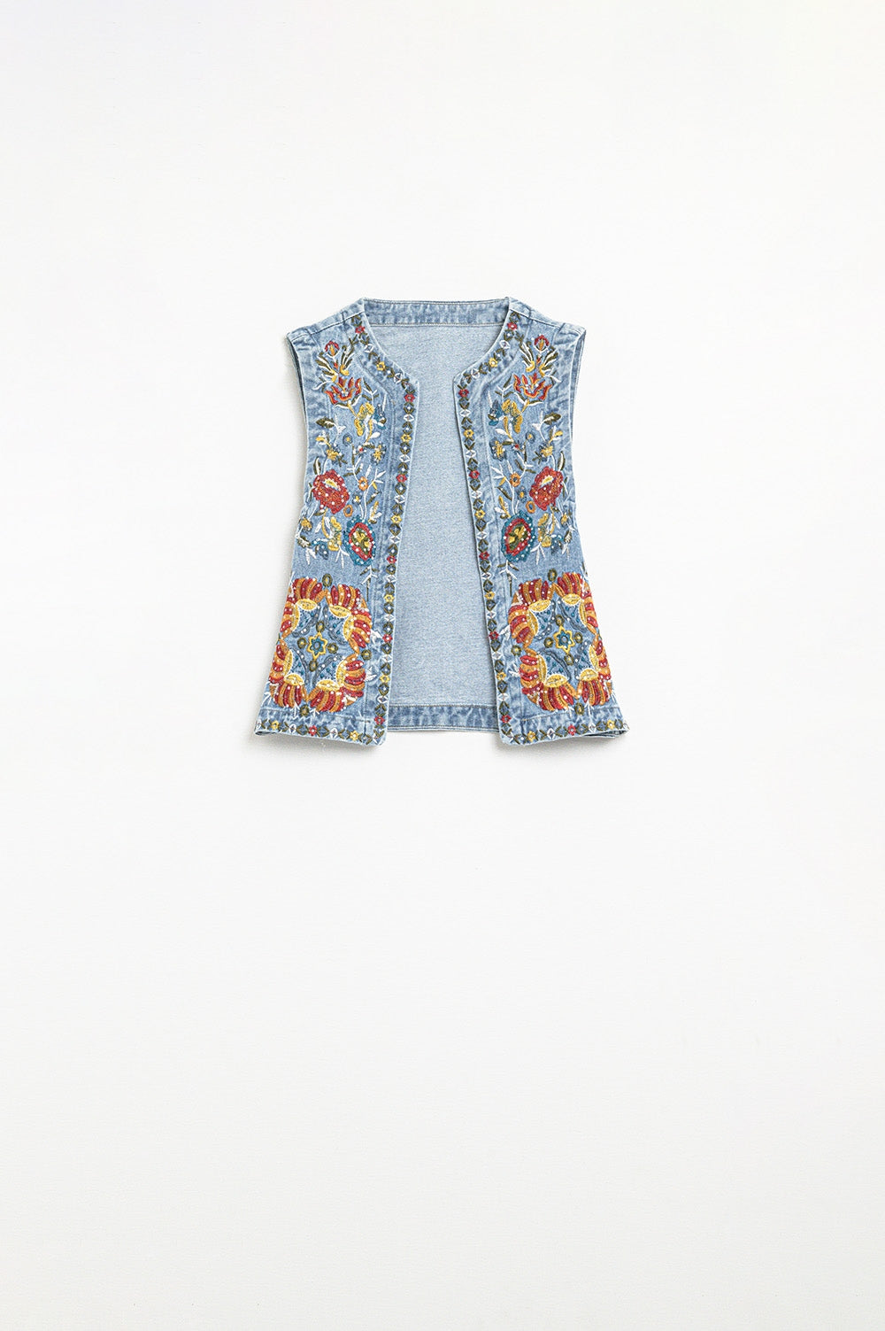Q2 Gilet en denim avec broderie florale