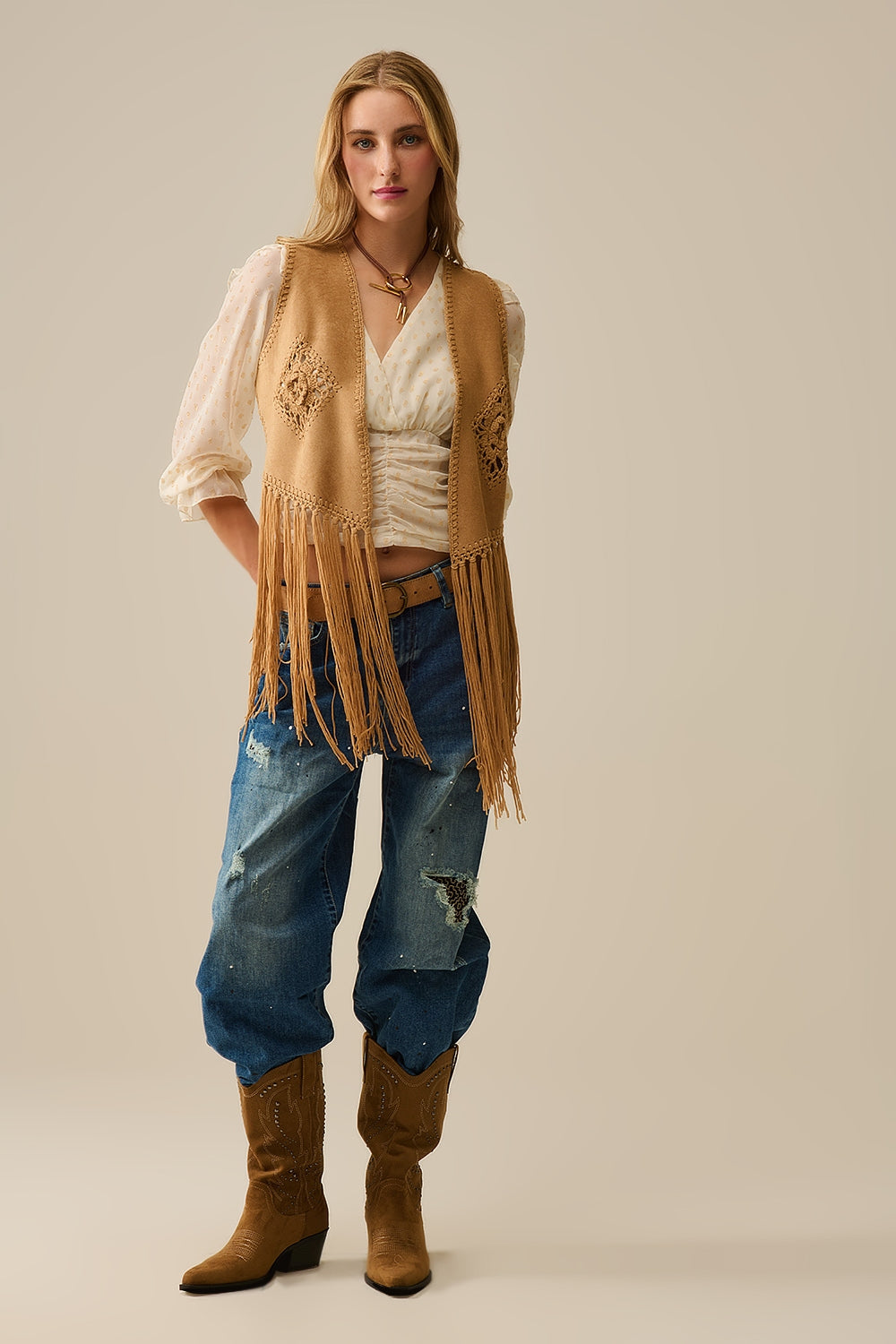 Gilet en faux daim à franges style cowgirl en camel