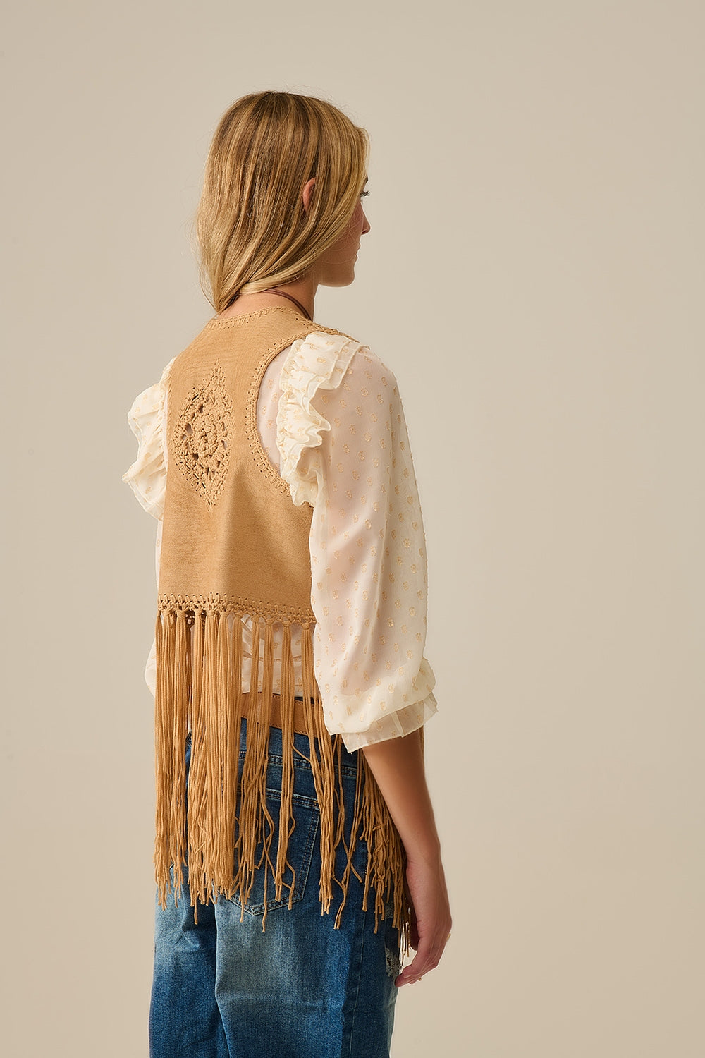 Gilet en faux daim à franges style cowgirl en camel