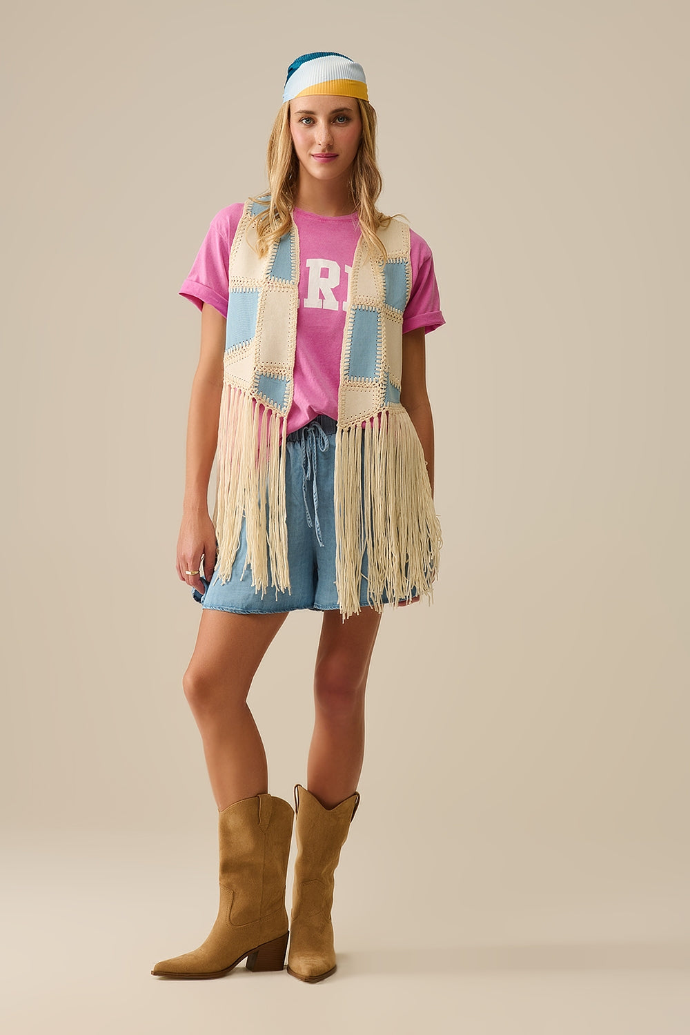 Gilet en simili-cuir avec patchwork et franges
