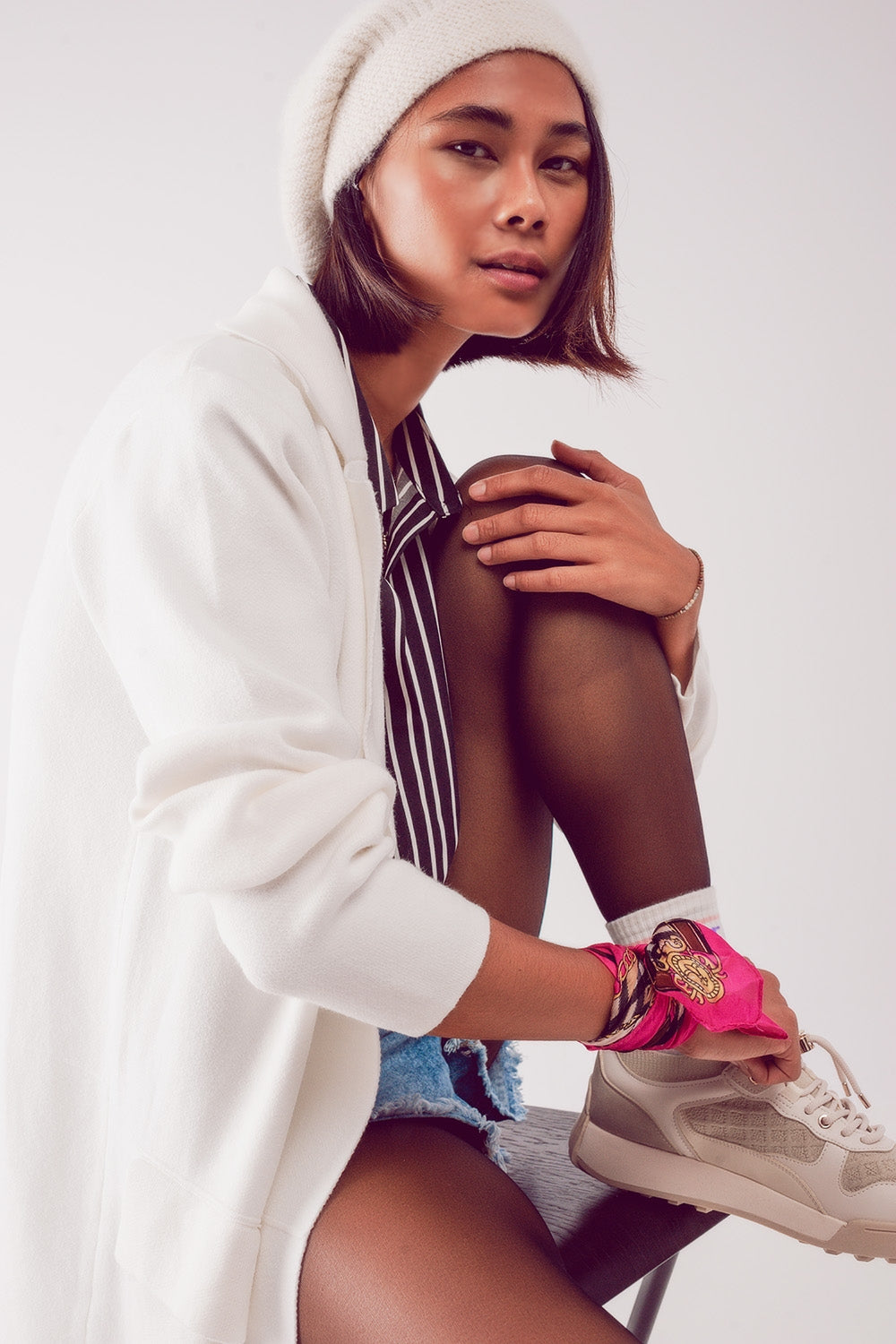 Gilet long avec col oversize crème