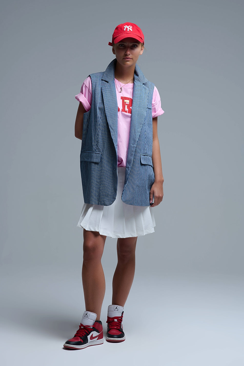 Gilet long rayé à col châle en bleu et blanc