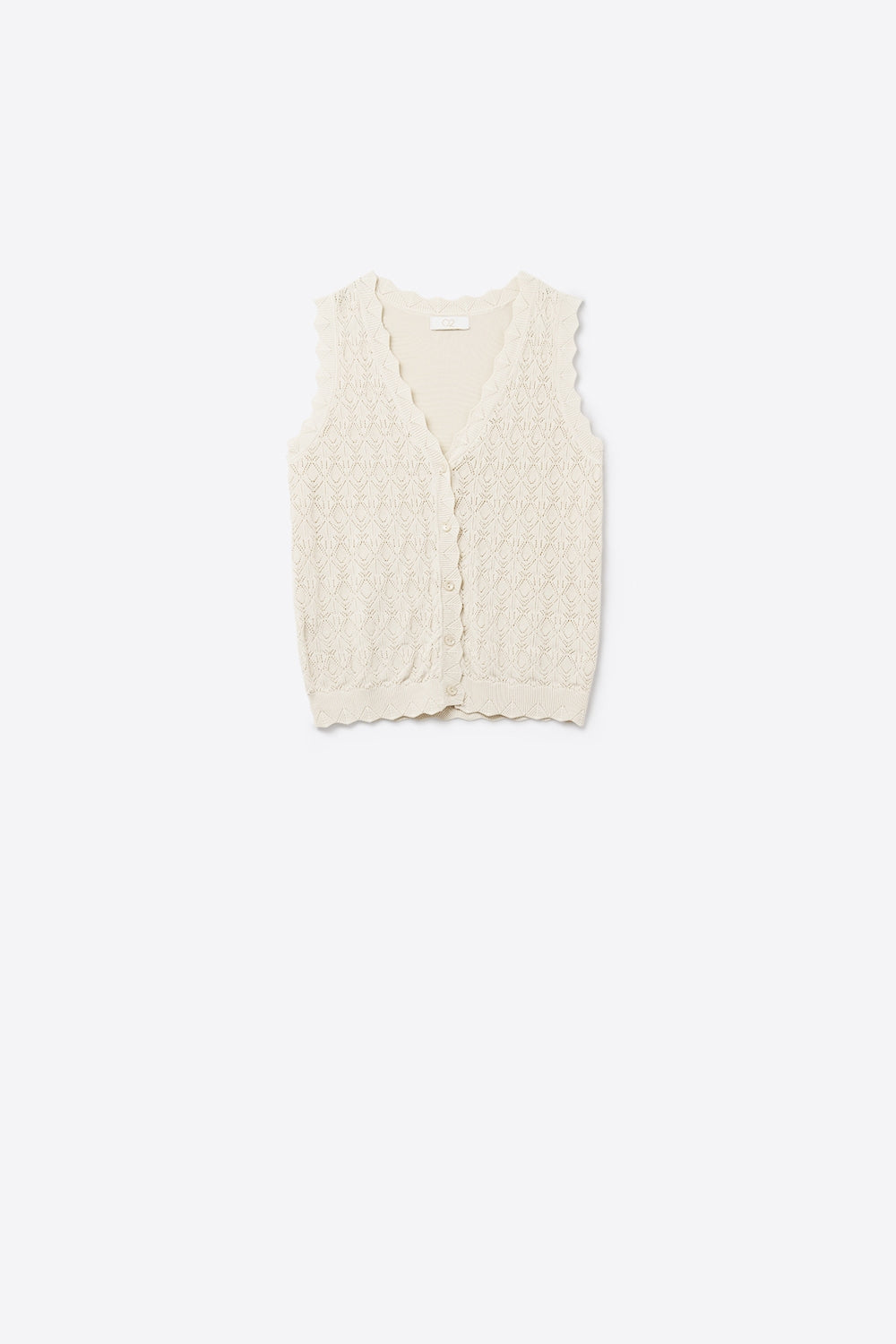 Gilet Tricoté Pointelle avec Bords Festonnés en Beige