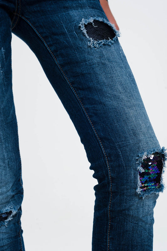 Q2 jean à sequins et déchirures