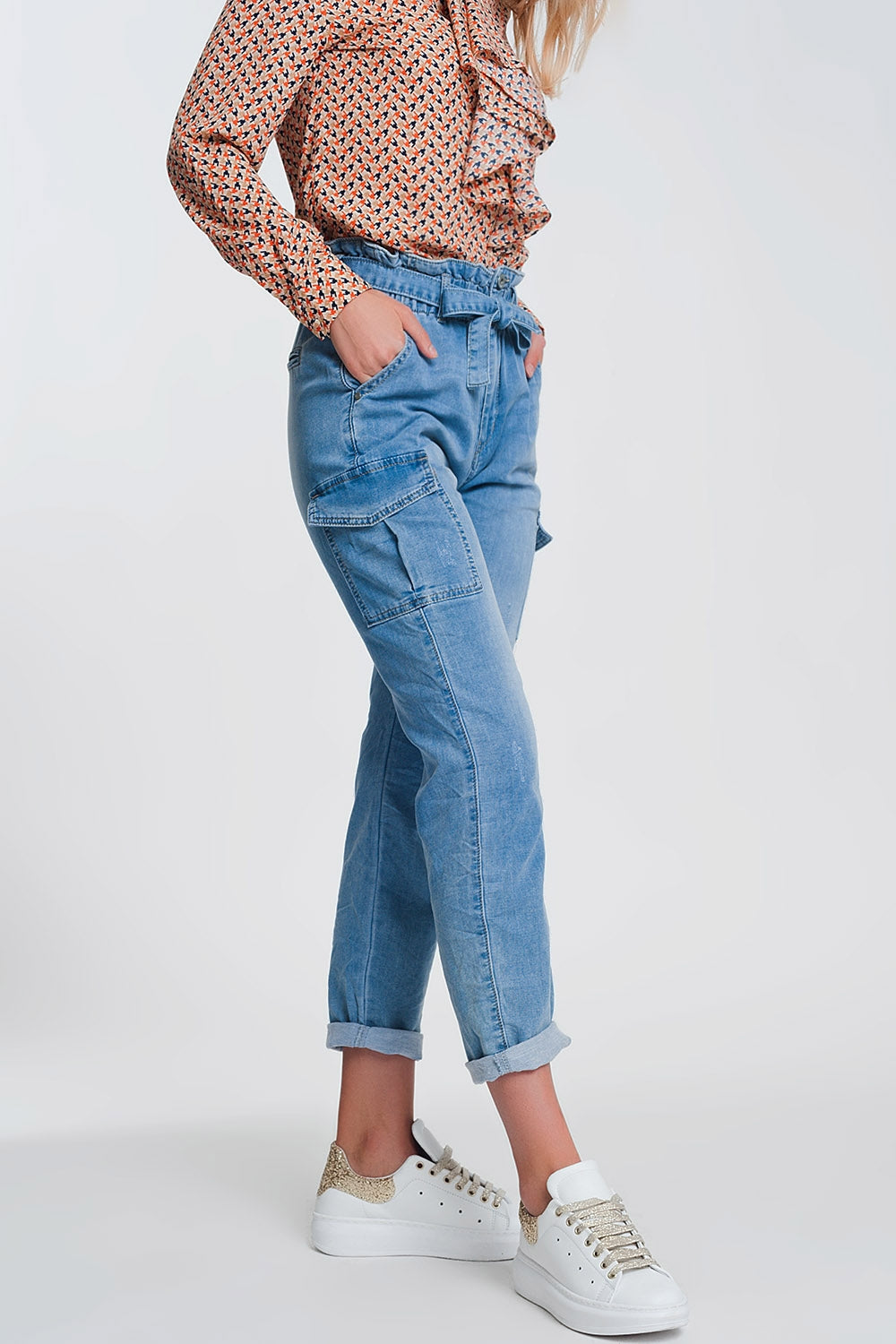 Jean à taille haute froncée Bleu clair