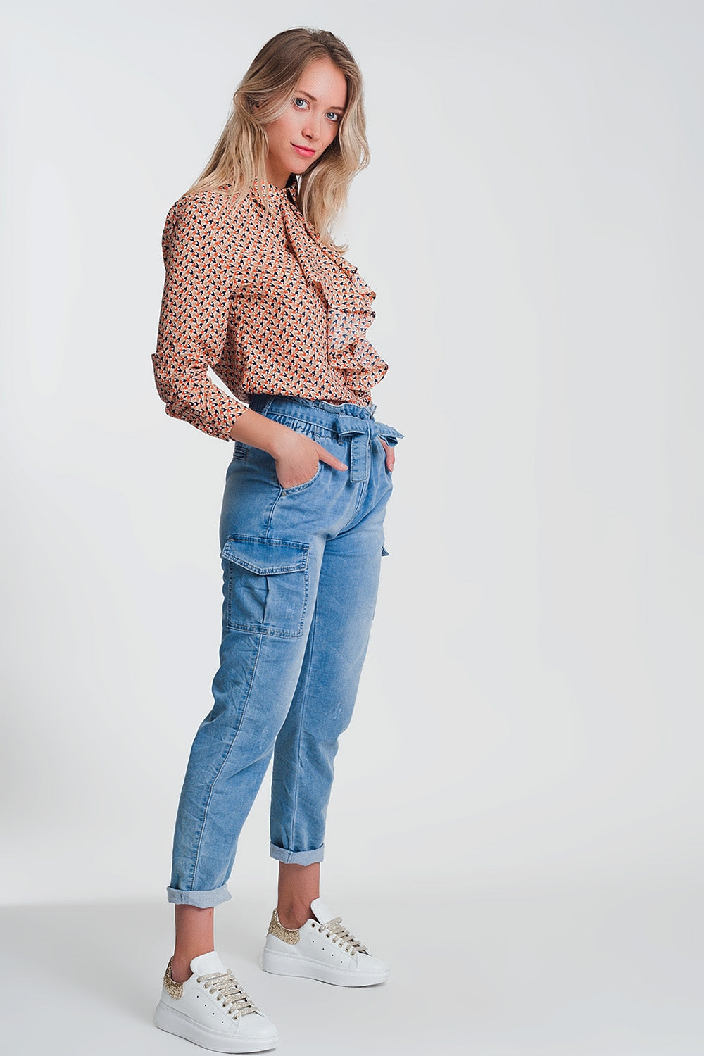Jean à taille haute froncée Bleu clair