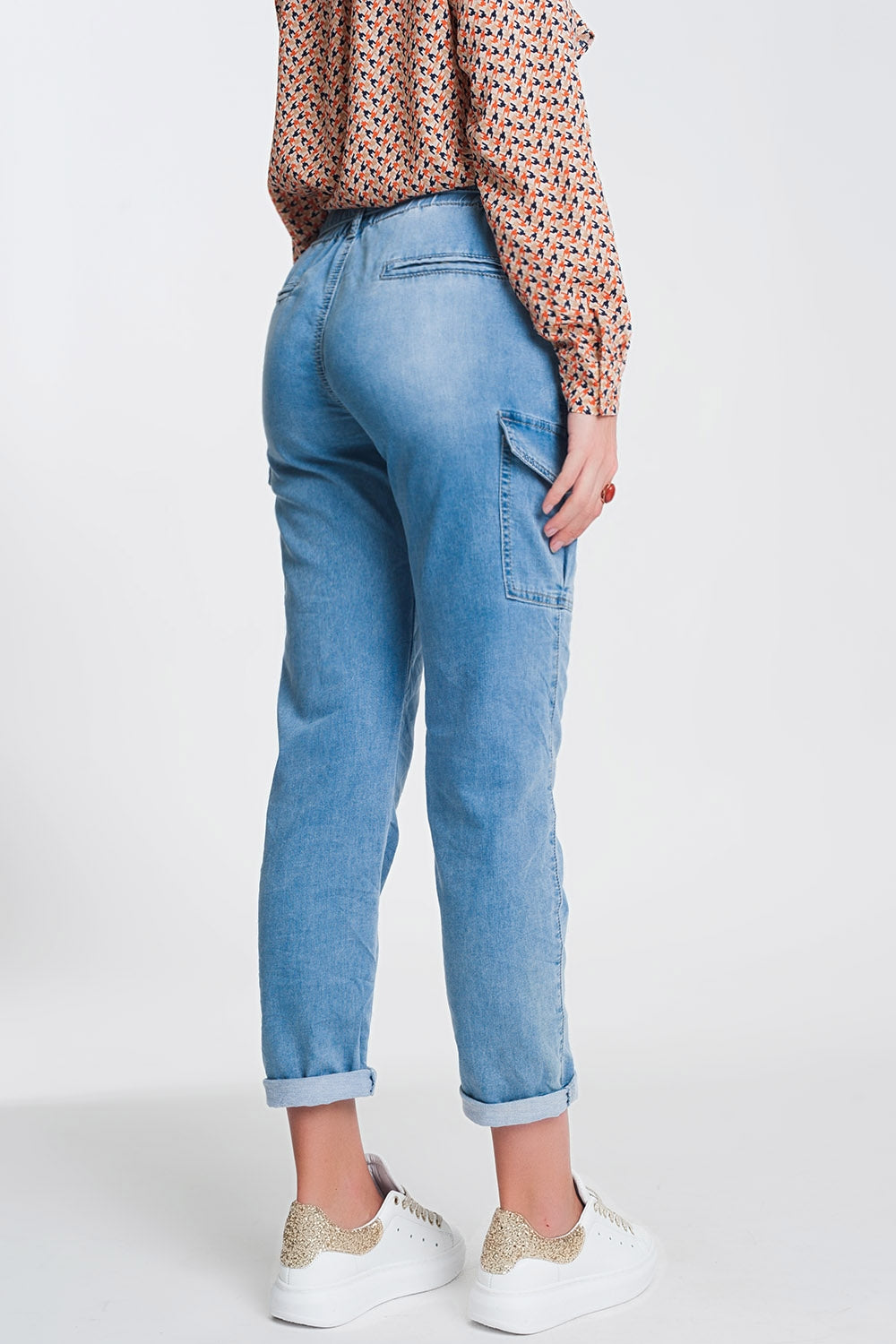 Jean à taille haute froncée Bleu clair
