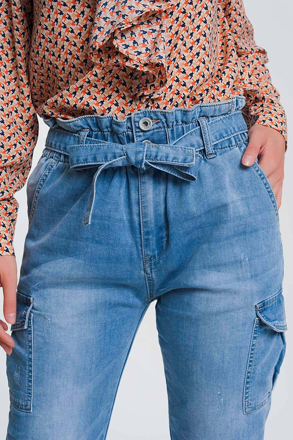 Jean à taille haute froncée Bleu clair