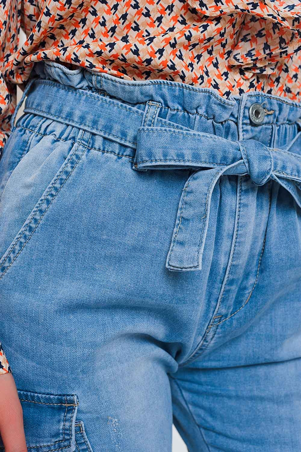 Jean à taille haute froncée Bleu clair