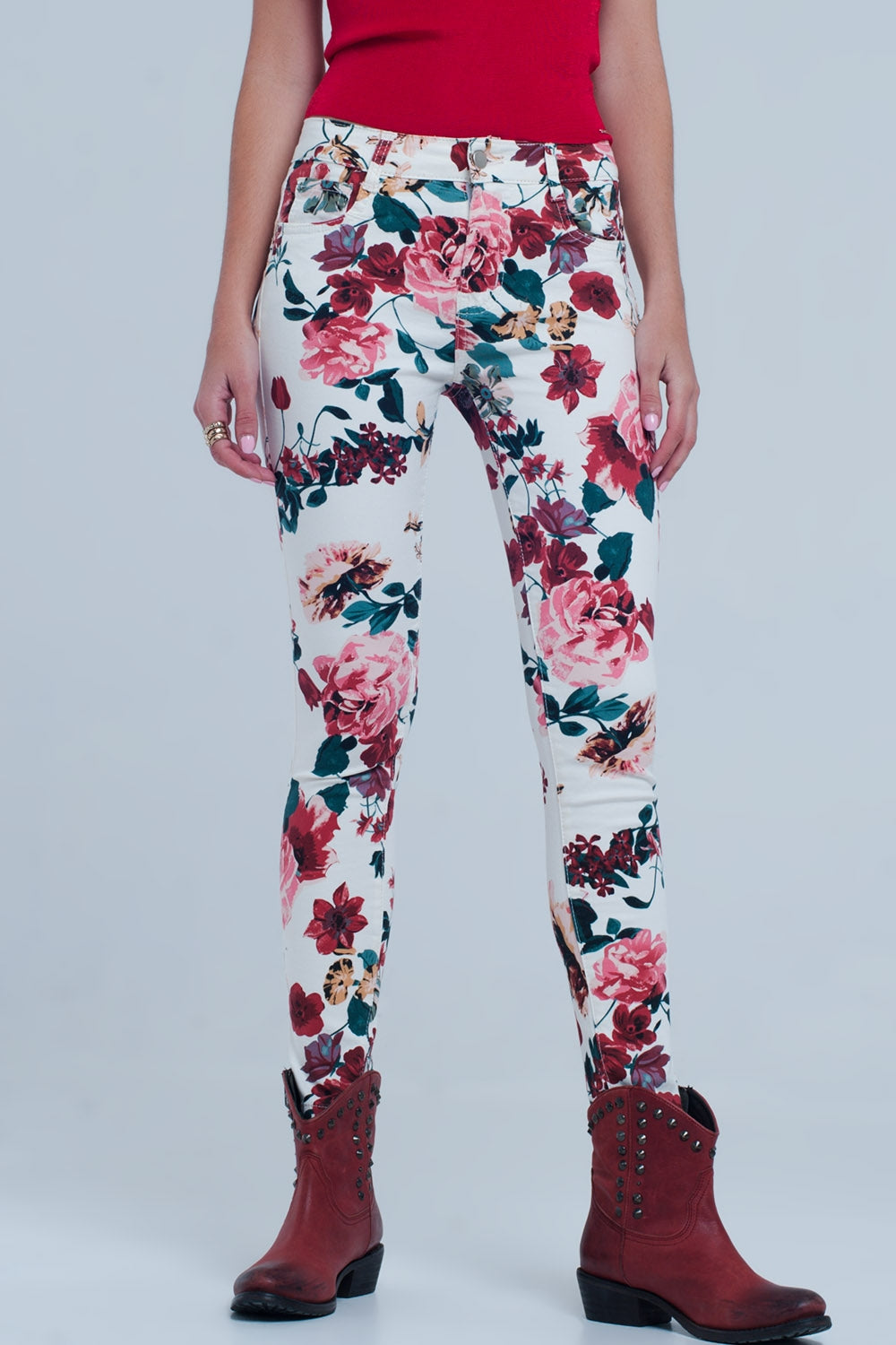 Jean blanc avec imprimé roses