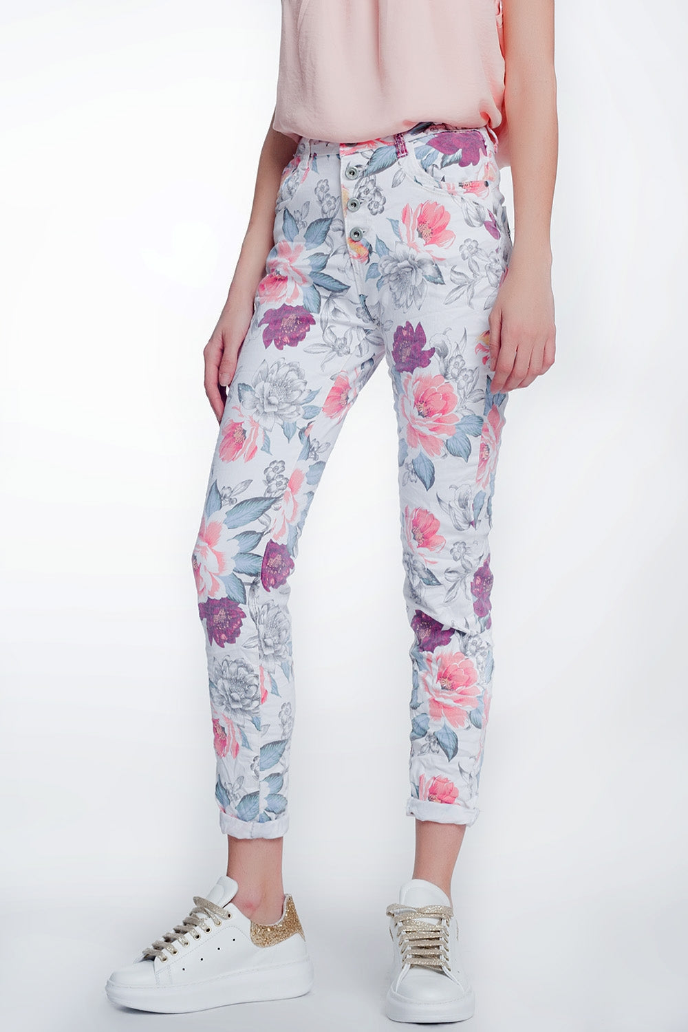 Q2 jean boyfriend blanc à imprimé floral