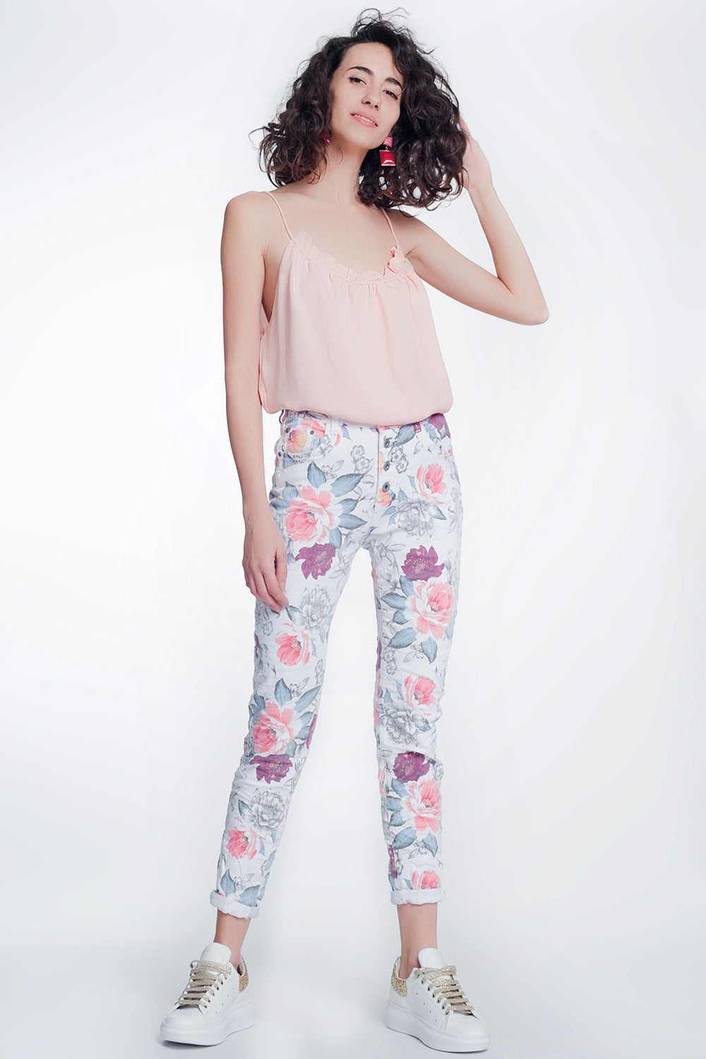 jean boyfriend blanc à imprimé floral